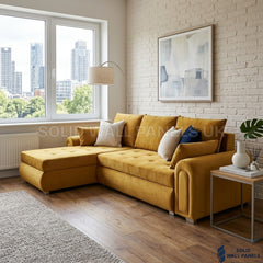 Berlin Mustard Corner Sofa Bed with Storage – Universal L Shape Sofa Bed UK