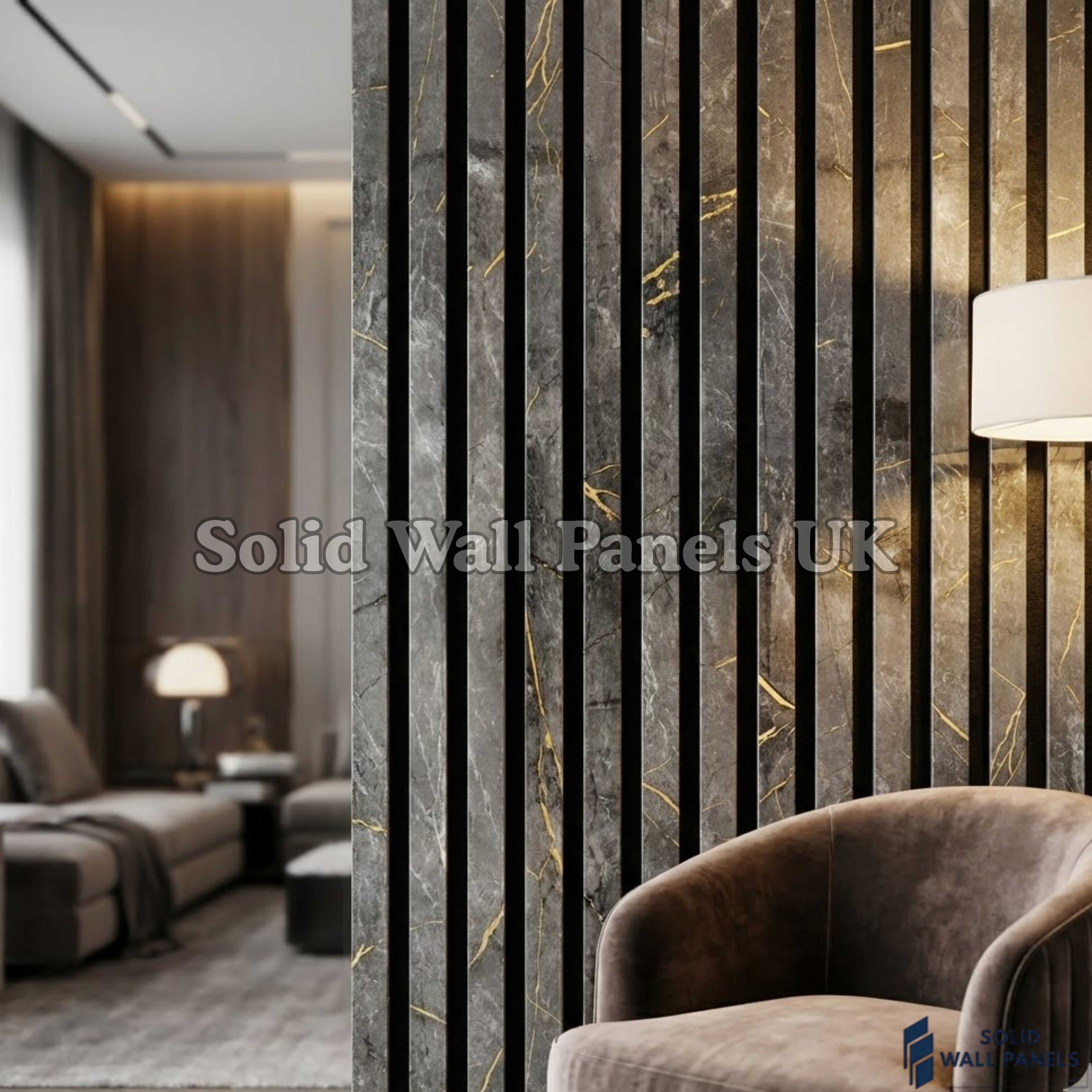 Black & Gold Marble Acoustic Slatted Wall Panel - 60x240 cm | Stylish, Durable & Soundproof