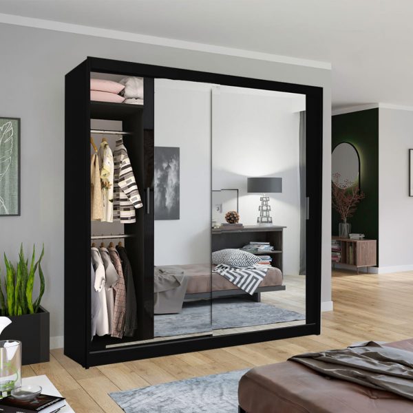Chicago Black Wardrobe with Sliding & Mirror Doors - Fast UK Delivery
