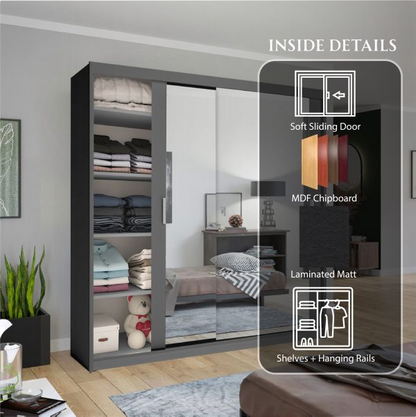 Chicago Grey Wardrobe with Sliding & Mirror Doors - Fast UK Delivery