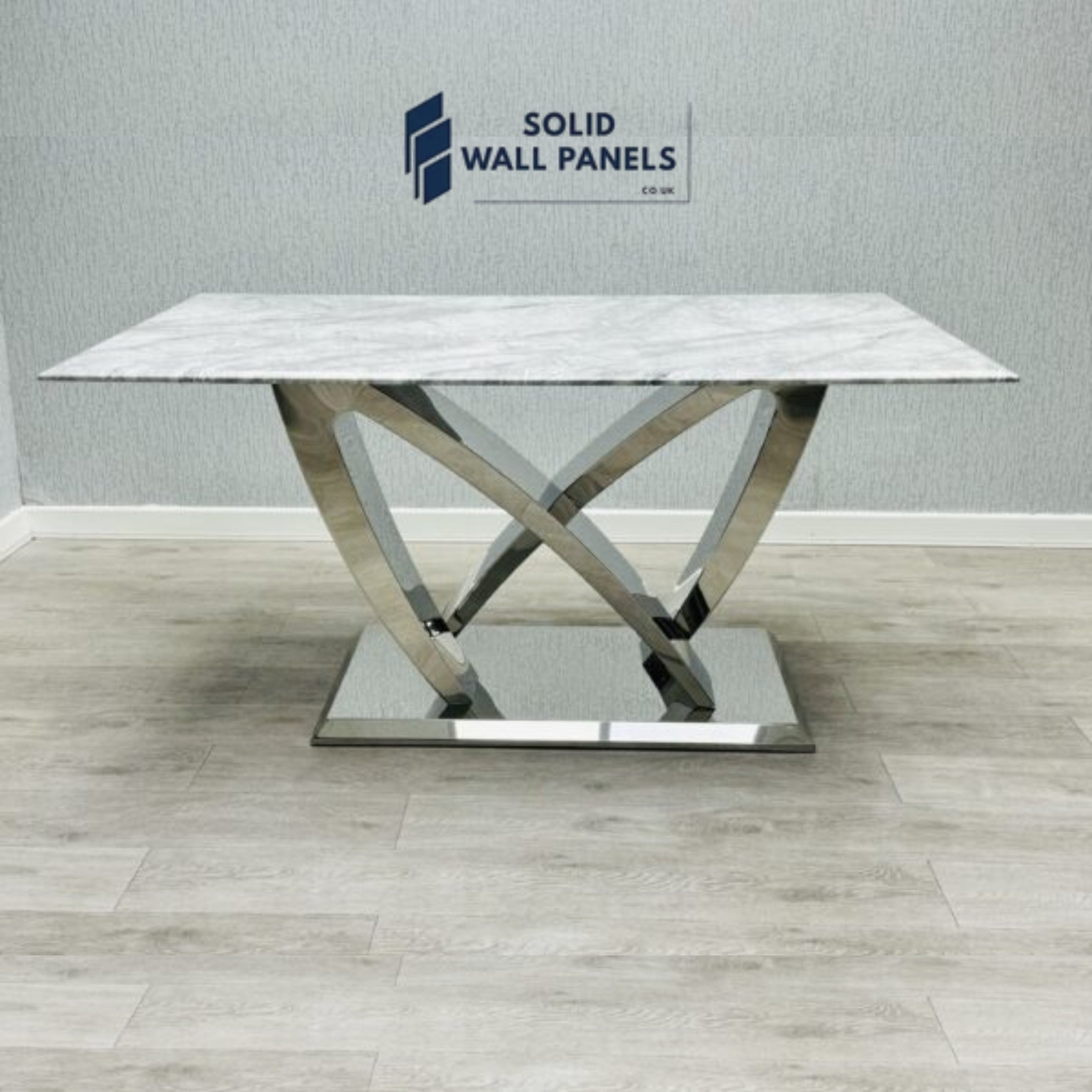 California Grey Marble Dining Table | Chrome/Silver Frame | Solid Wall Panels