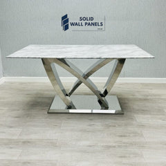 California Grey Marble Dining Table | Chrome/Silver Frame | Solid Wall Panels