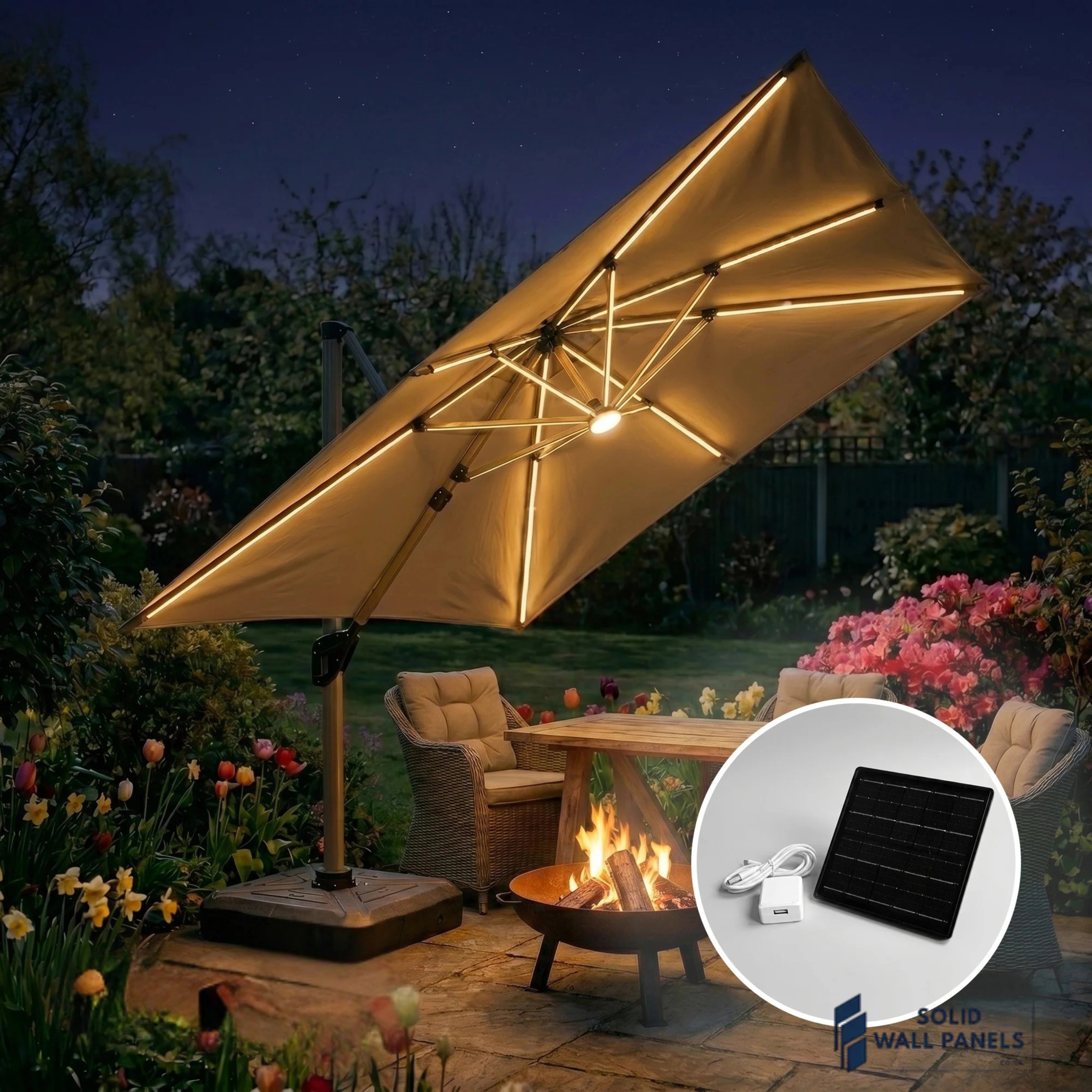 Camber 3m Square Cantilever Parasol with Solar LED Lights – Khaki Beige Garden Umbrella