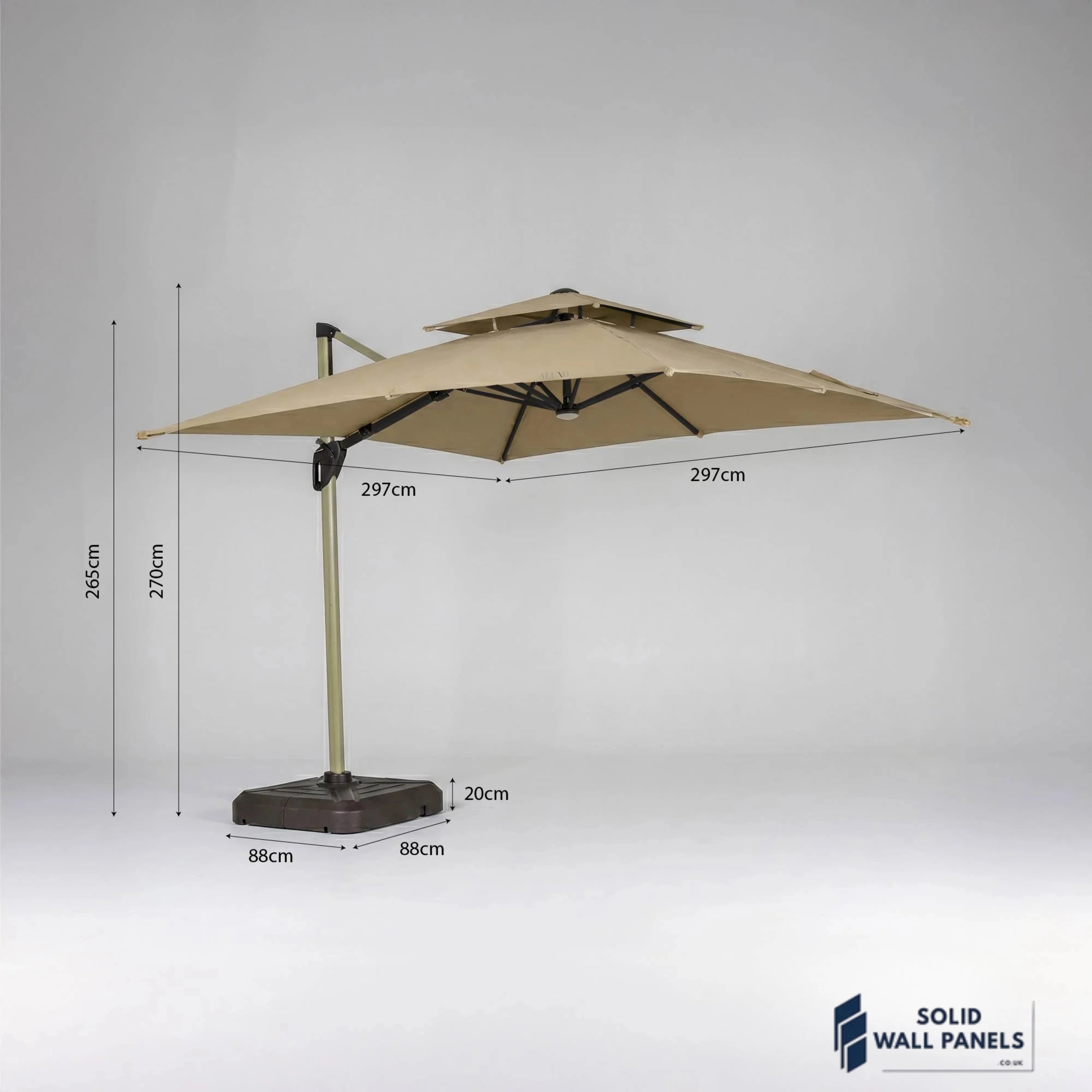 Camber 3m Square Cantilever Parasol with Solar LED Lights – Khaki Beige Garden Umbrella