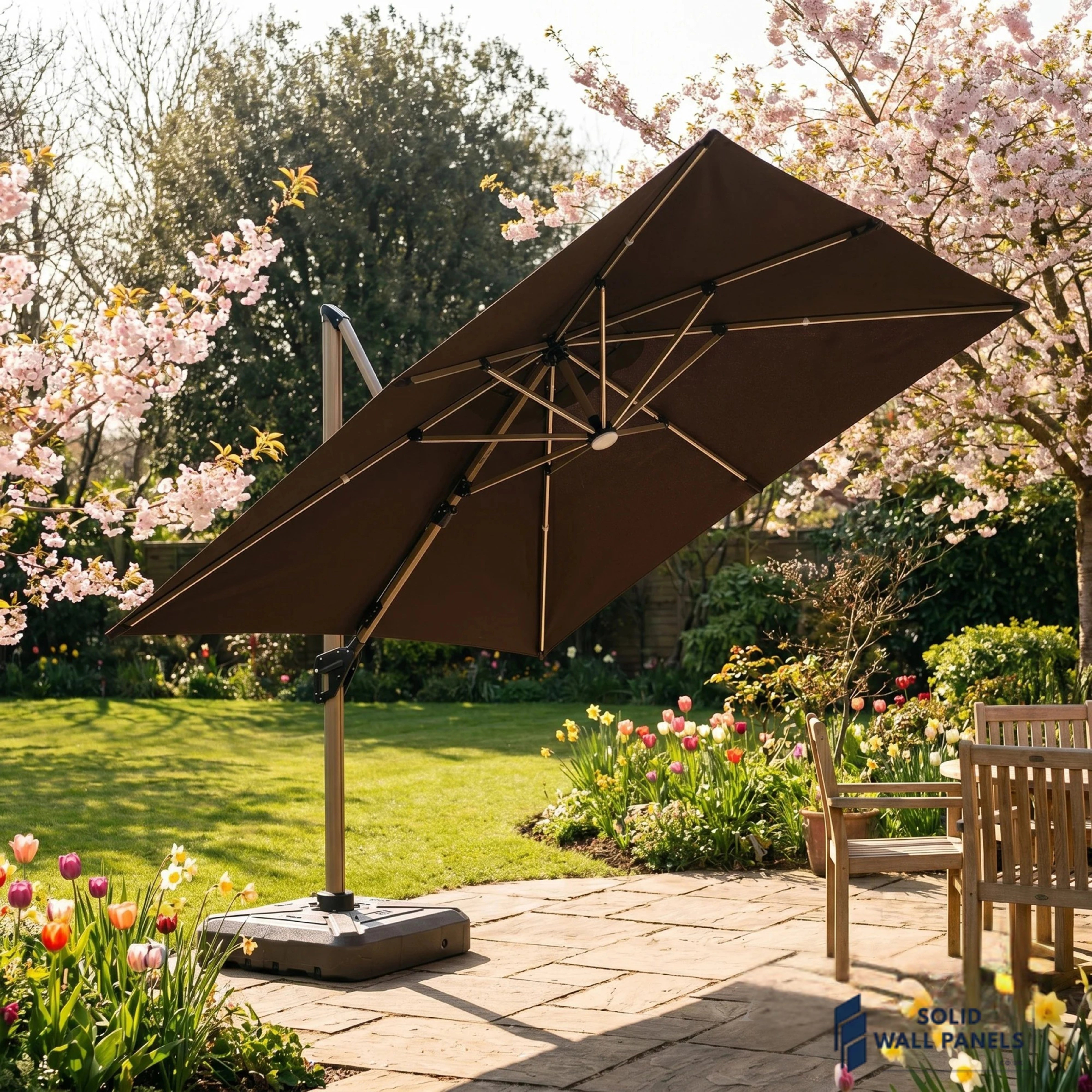 Camber 3m Square Cantilever Parasol with Solar LED Lights – Garden Umbrella