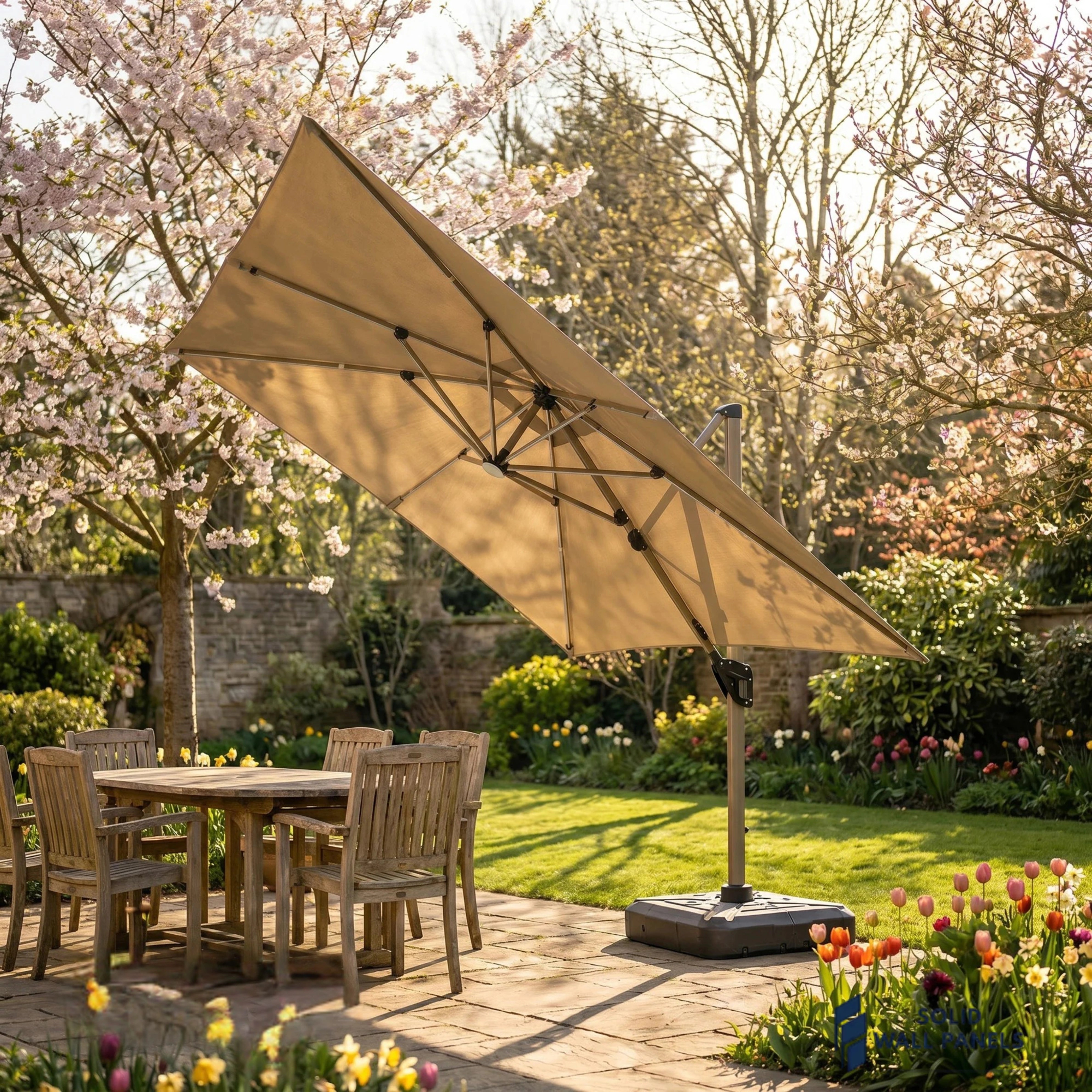 Camber 3m Square Cantilever Parasol with Solar LED Lights – Khaki Beige Garden Umbrella