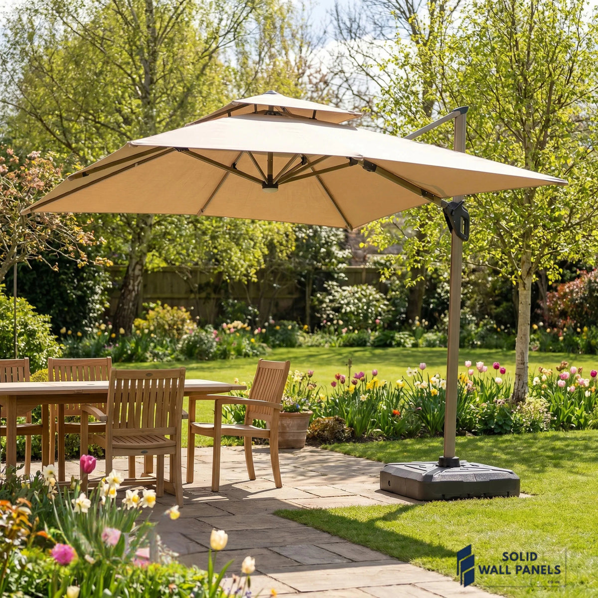 Camber 3m Square Cantilever Parasol with Solar LED Lights – Khaki Beige Garden Umbrella