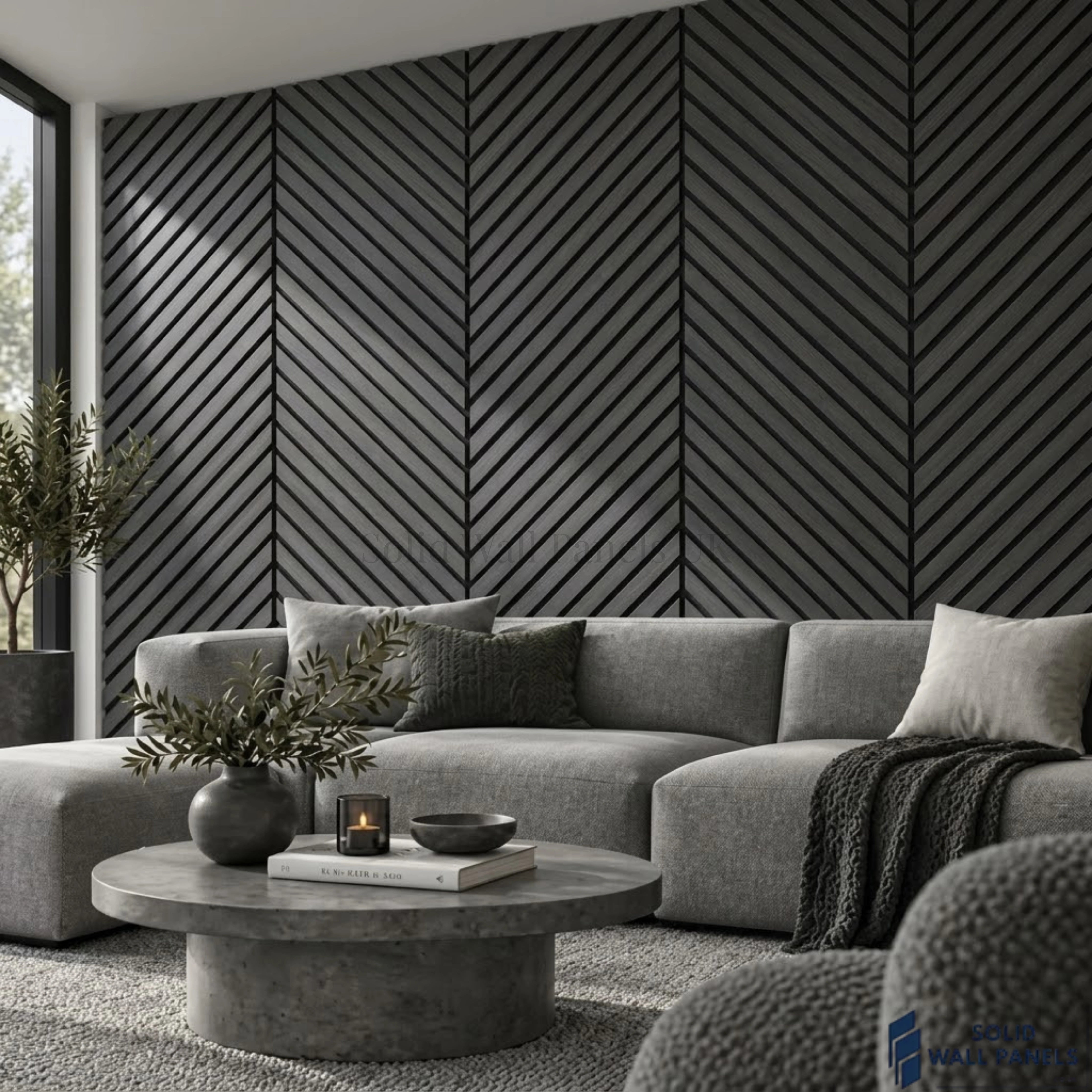 Chevron Dark Grey Acoustic Slat Wall Panel – Herringbone Style | 240 × 60 cm