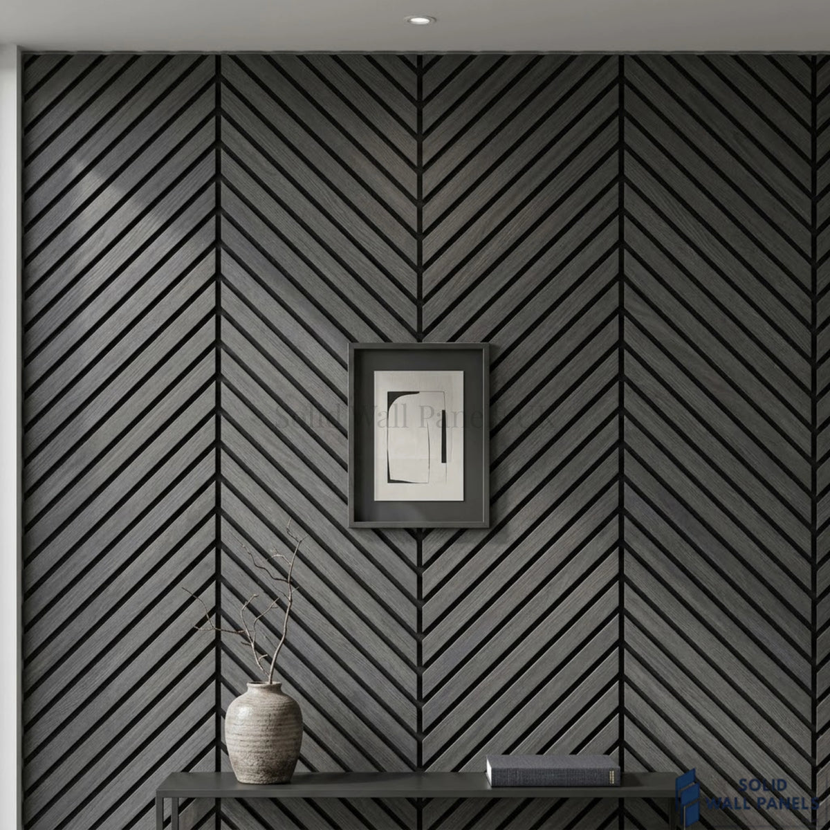 Chevron Dark Grey Acoustic Slat Wall Panel – Herringbone Style | 240 × 60 cm