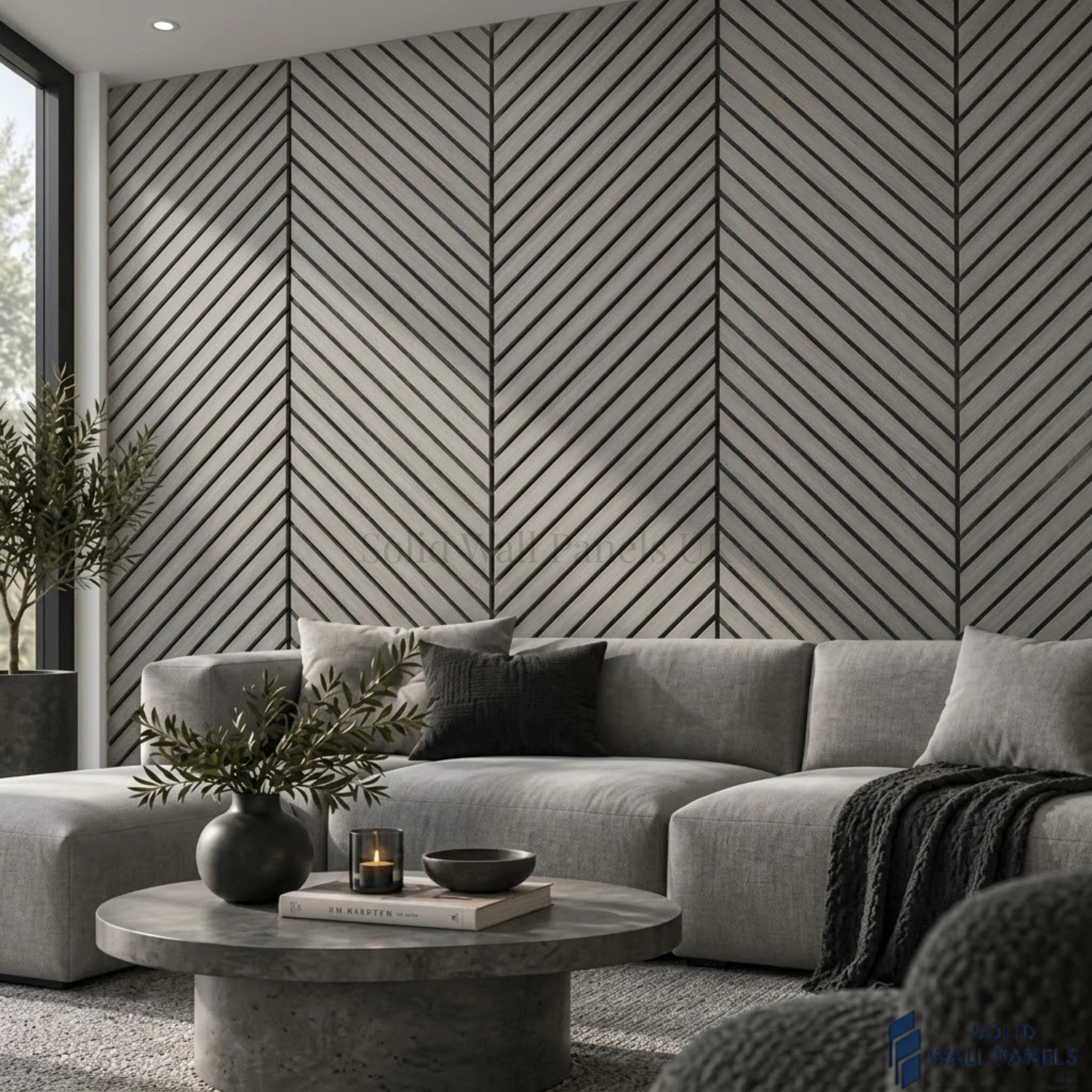 Chevron Light Grey Acoustic Slat Wall Panel – Herringbone Style | 240 × 60 cm