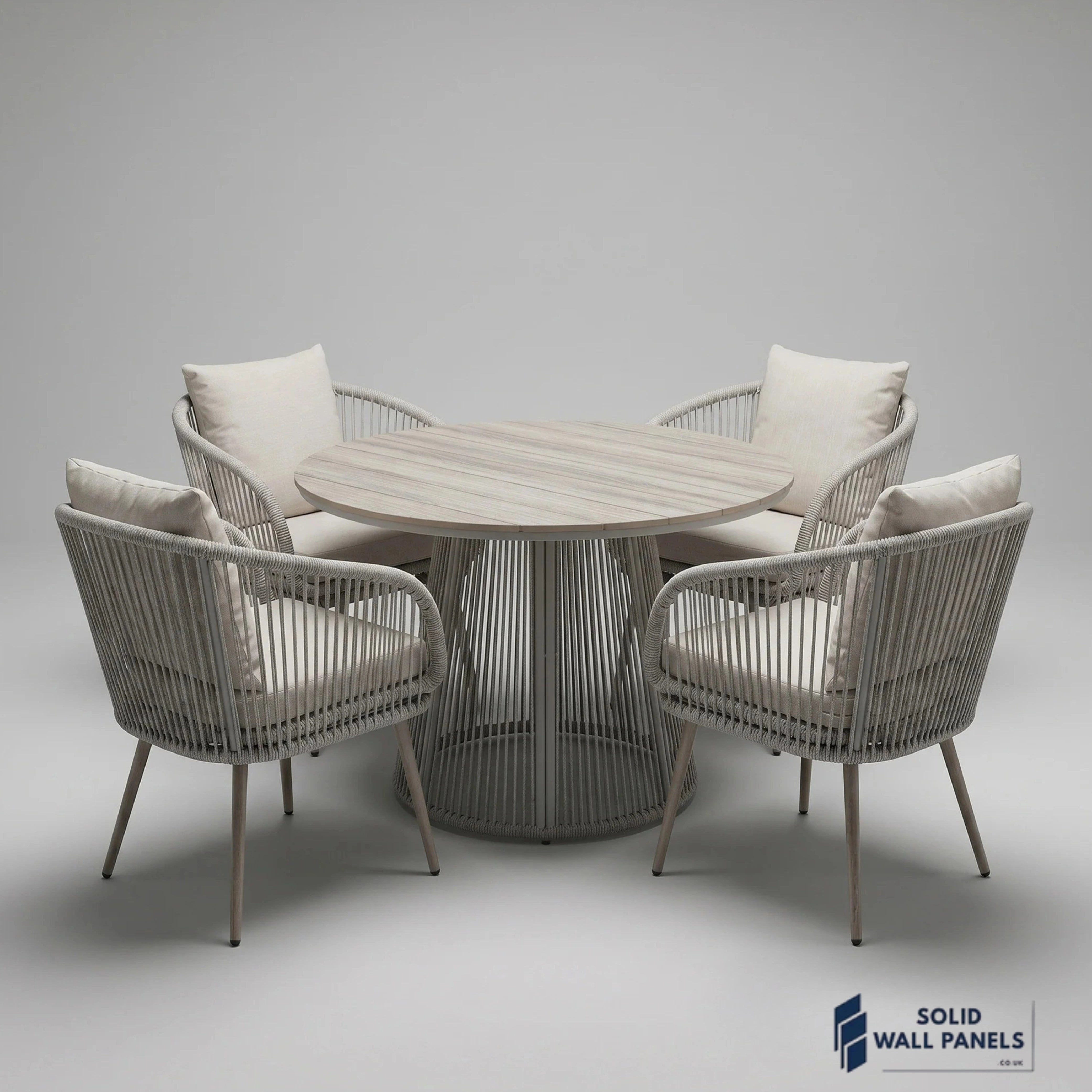 Cove 4 Seater Outdoor Garden Dining Set – Natural Grey Rope Weave & Round Dining Table