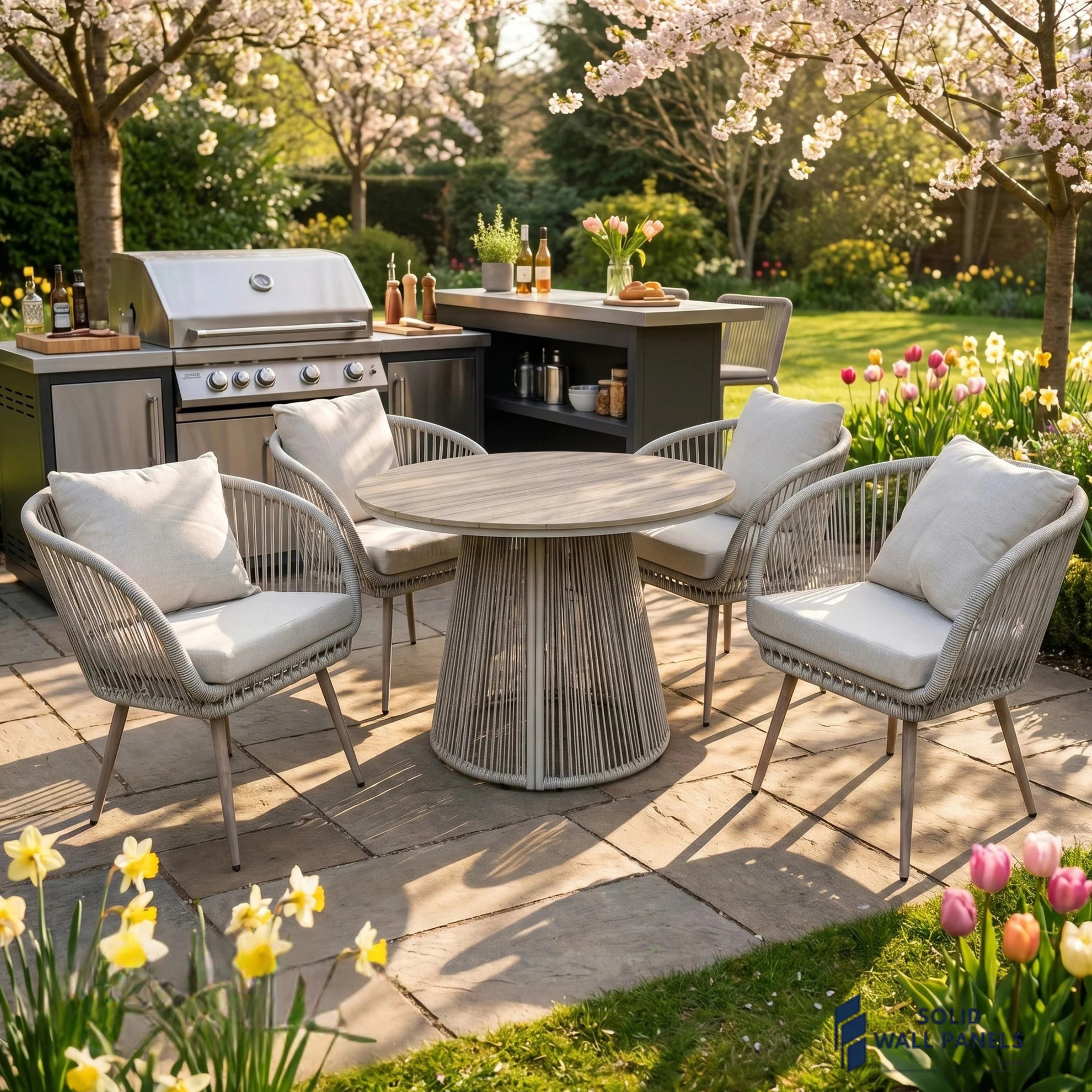 Cove 4 Seater Outdoor Garden Dining Set – Natural Grey Rope Weave & Round Dining Table
