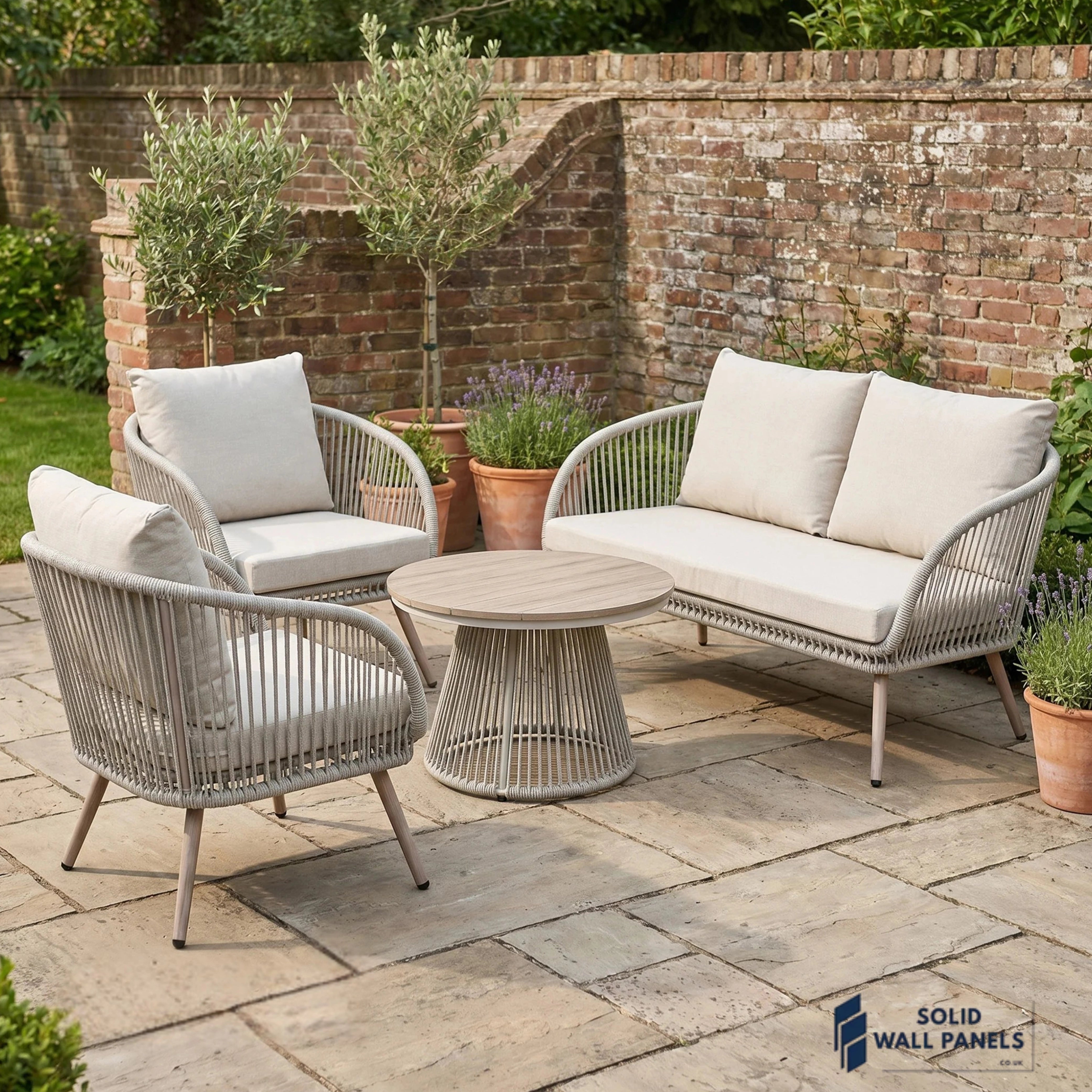 Cove 4 Seater Outdoor Garden Lounge Set – Natural Grey Rope Weave & Round Coffee Table