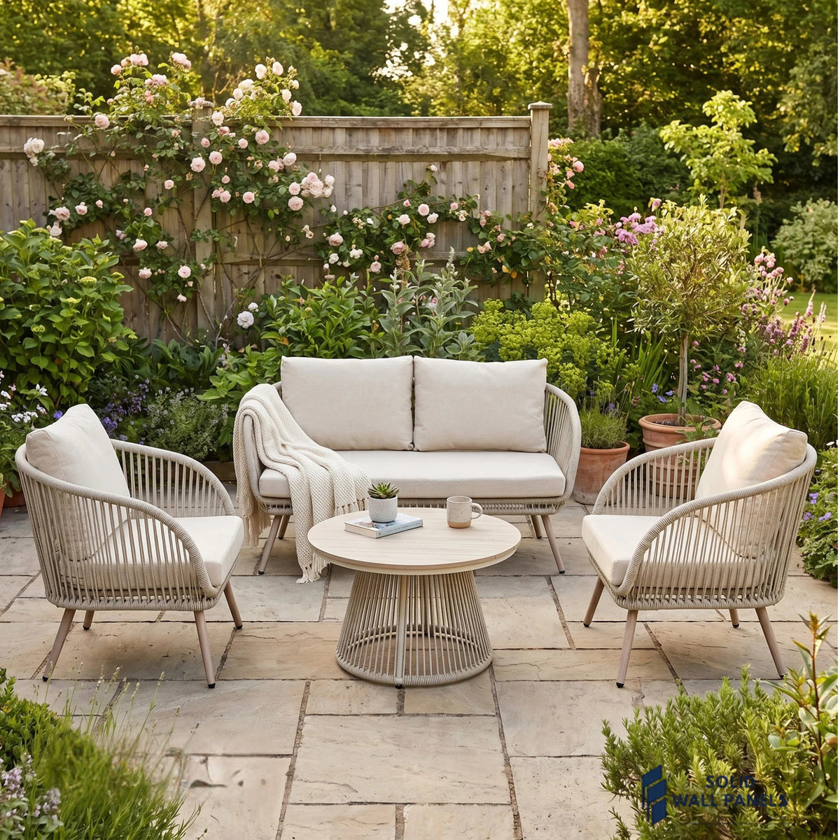 Cove 4 Seater Outdoor Garden Lounge Set – Natural Grey Rope Weave & Round Coffee Table