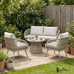 Cove 4 Seater Outdoor Garden Lounge Set – Natural Grey Rope Weave & Round Coffee Table