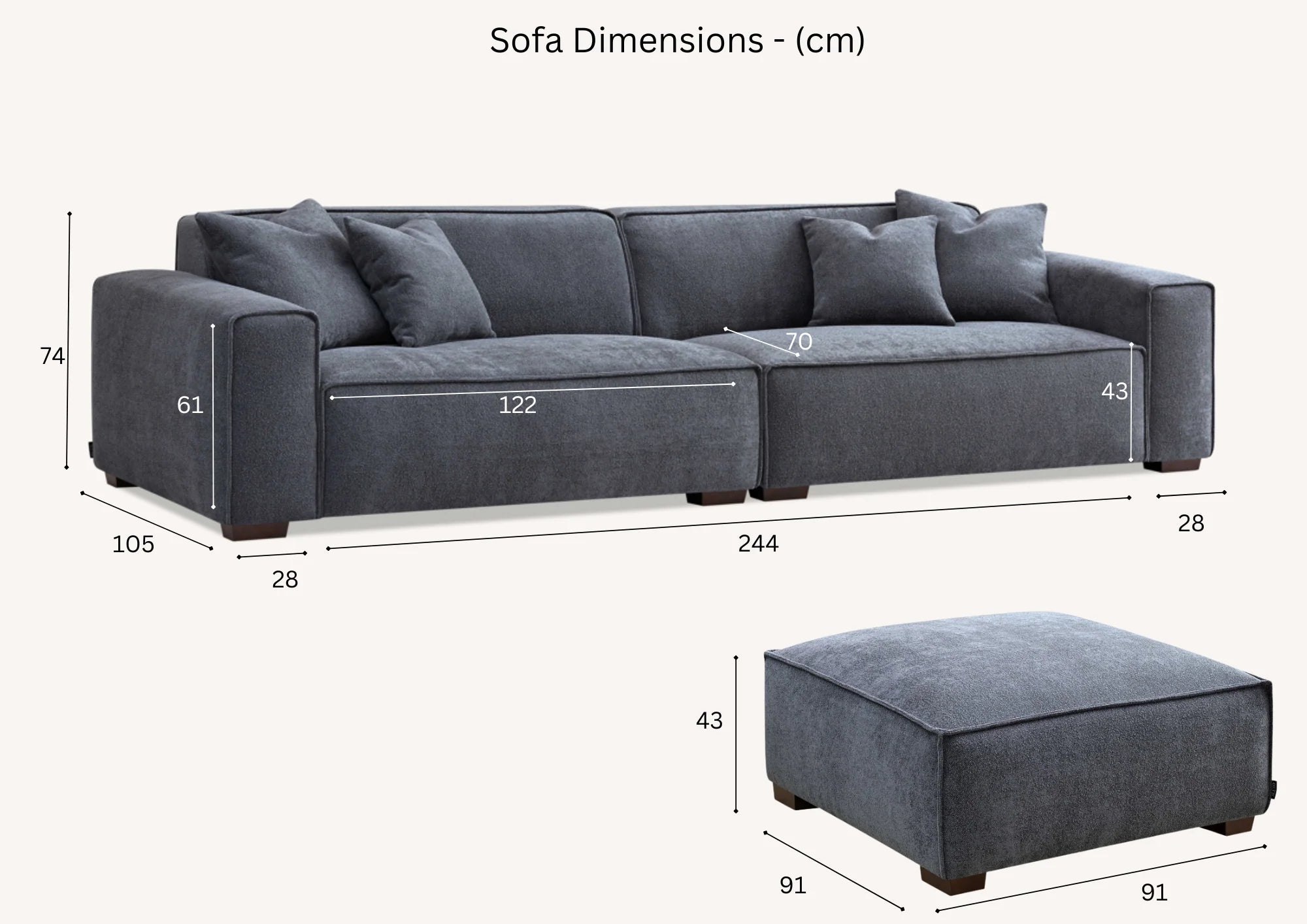 Dakota Sofa Range – Charcoal Boucle Fabric | 3 Seater, Chair & Footstool | Luxury Modern Design