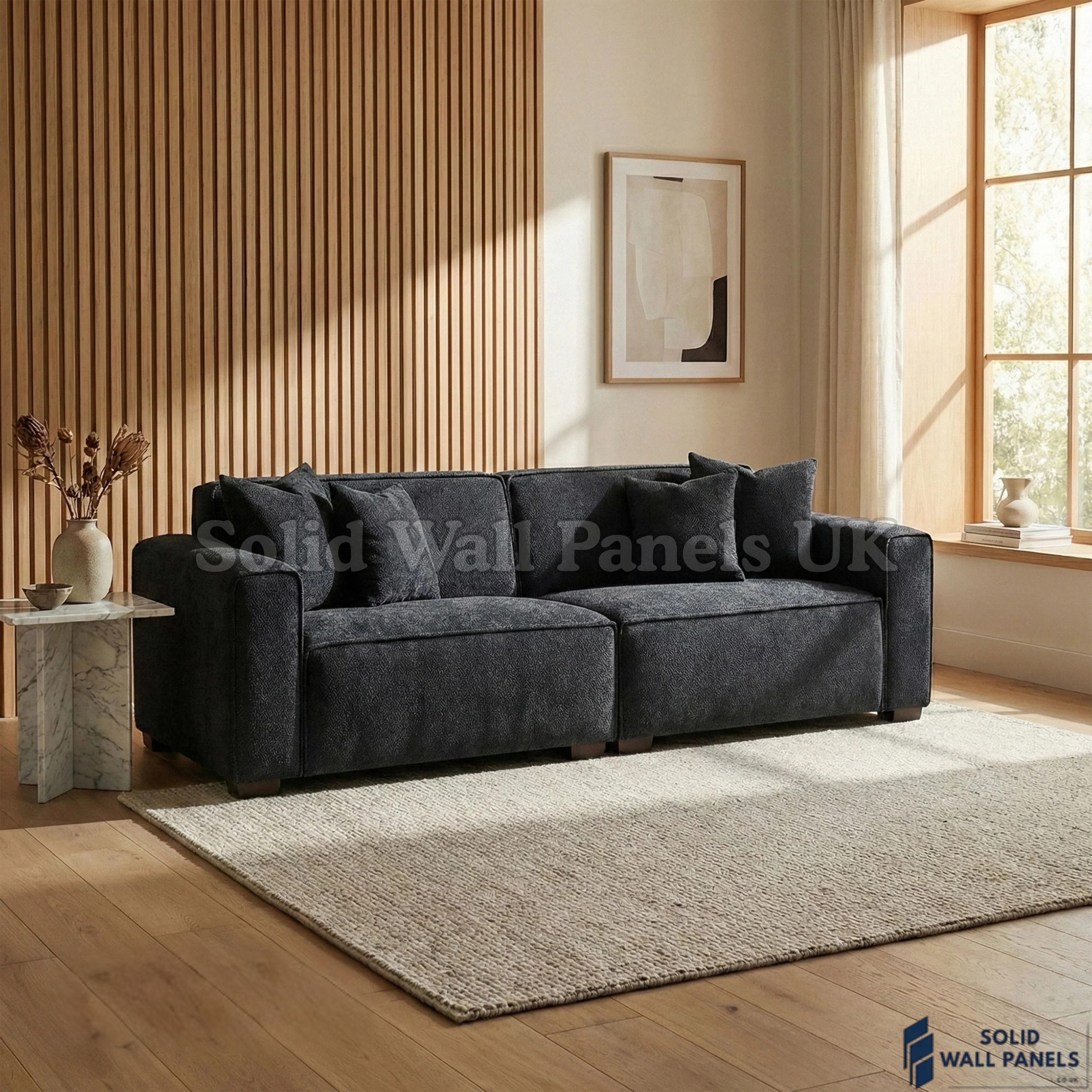 Dakota Sofa Range – Midnight Black Bouclé Fabric | 4 Seater, 3 Seater, Armchair & Footstool Options