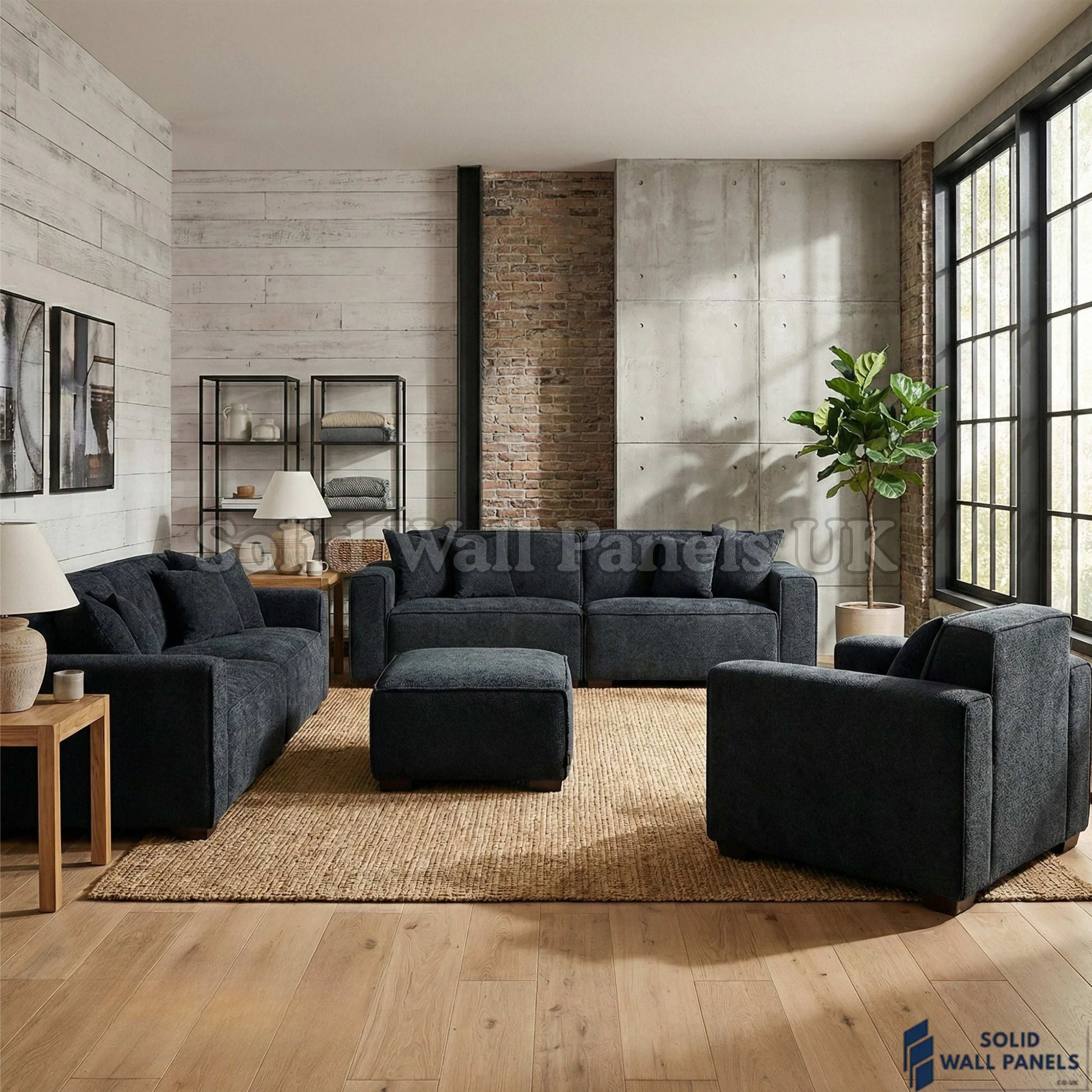 Dakota Sofa Range – Midnight Black Bouclé Fabric | 4 Seater, 3 Seater, Armchair & Footstool Options