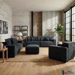 Dakota Sofa Range – Midnight Black Bouclé Fabric | 4 Seater, 3 Seater, Armchair & Footstool Options