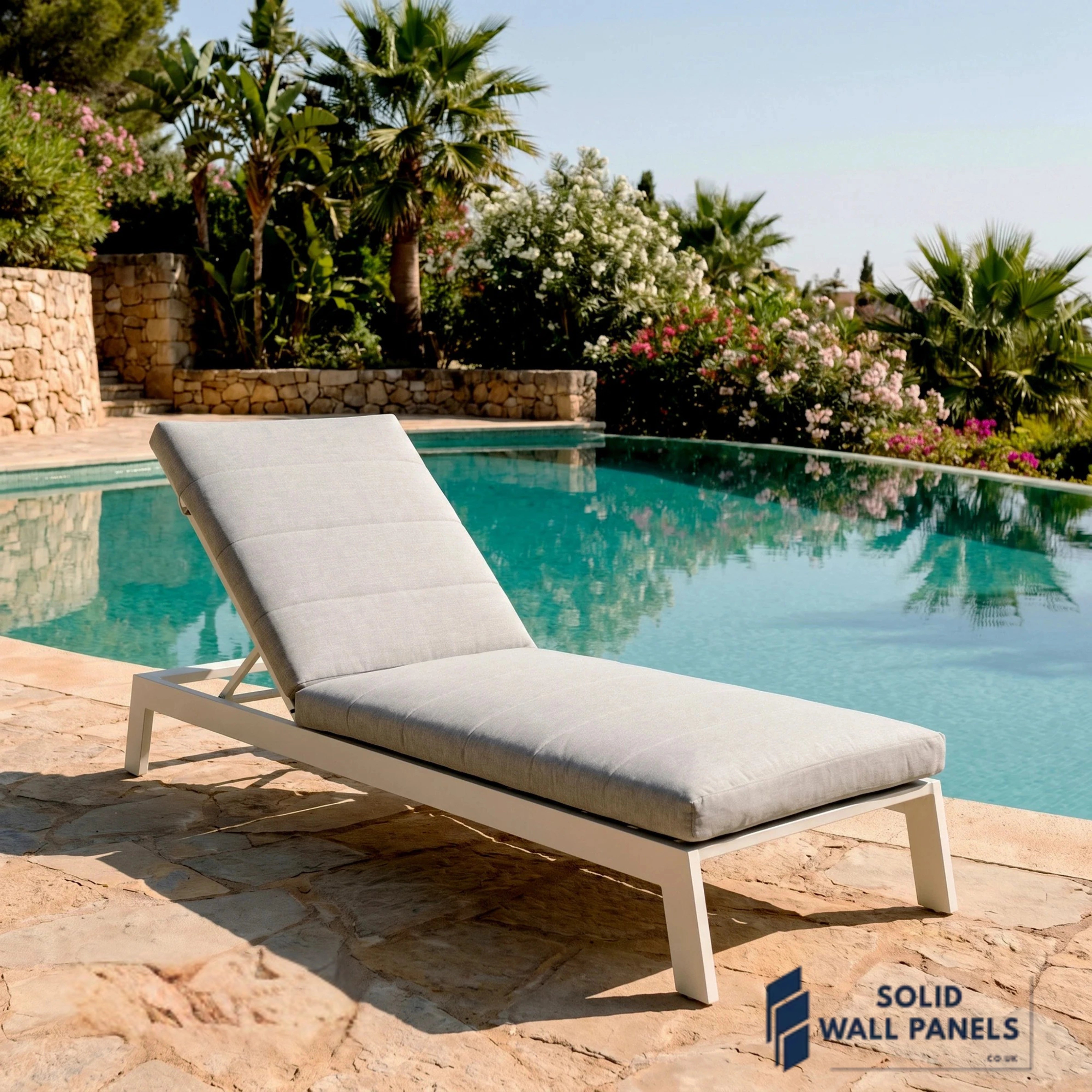 Dasia Luxury Outdoor Sun Lounger – White Aluminium Reclining Sunbed with Side Table