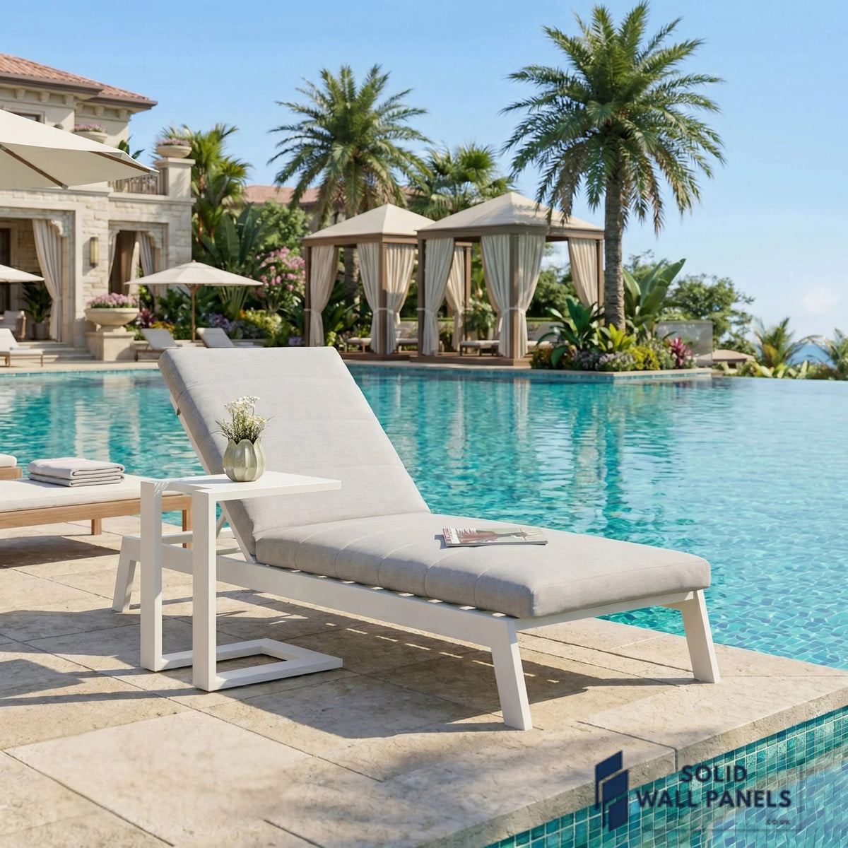 Dasia Luxury Outdoor Sun Lounger – White Aluminium Reclining Sunbed with Side Table