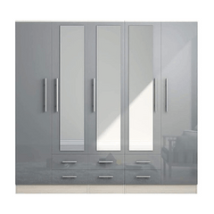 GREY Gloss Large Wardrobe - 5 Door 6 Drawers & Mirrors SOLID FURNITURE