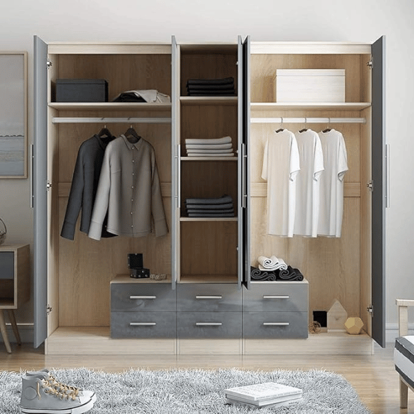 GREY Gloss Large Wardrobe - 5 Door 6 Drawers & Mirrors SOLID FURNITURE