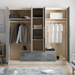 GREY Gloss Large Wardrobe - 5 Door 6 Drawers & Mirrors SOLID FURNITURE