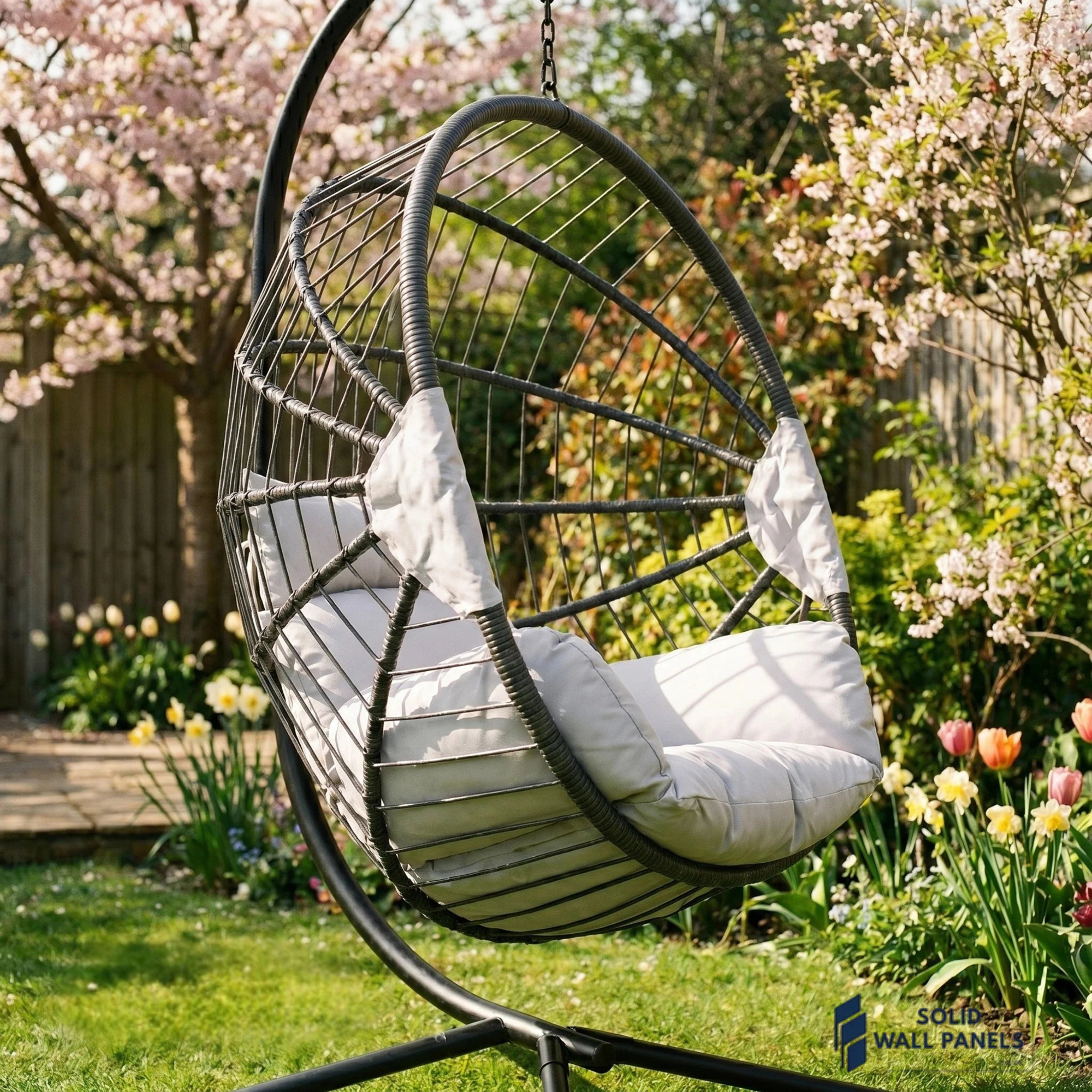 Hanging Egg Chair with Foldable Design & Luxury Cushions – Light Grey PE Rattan