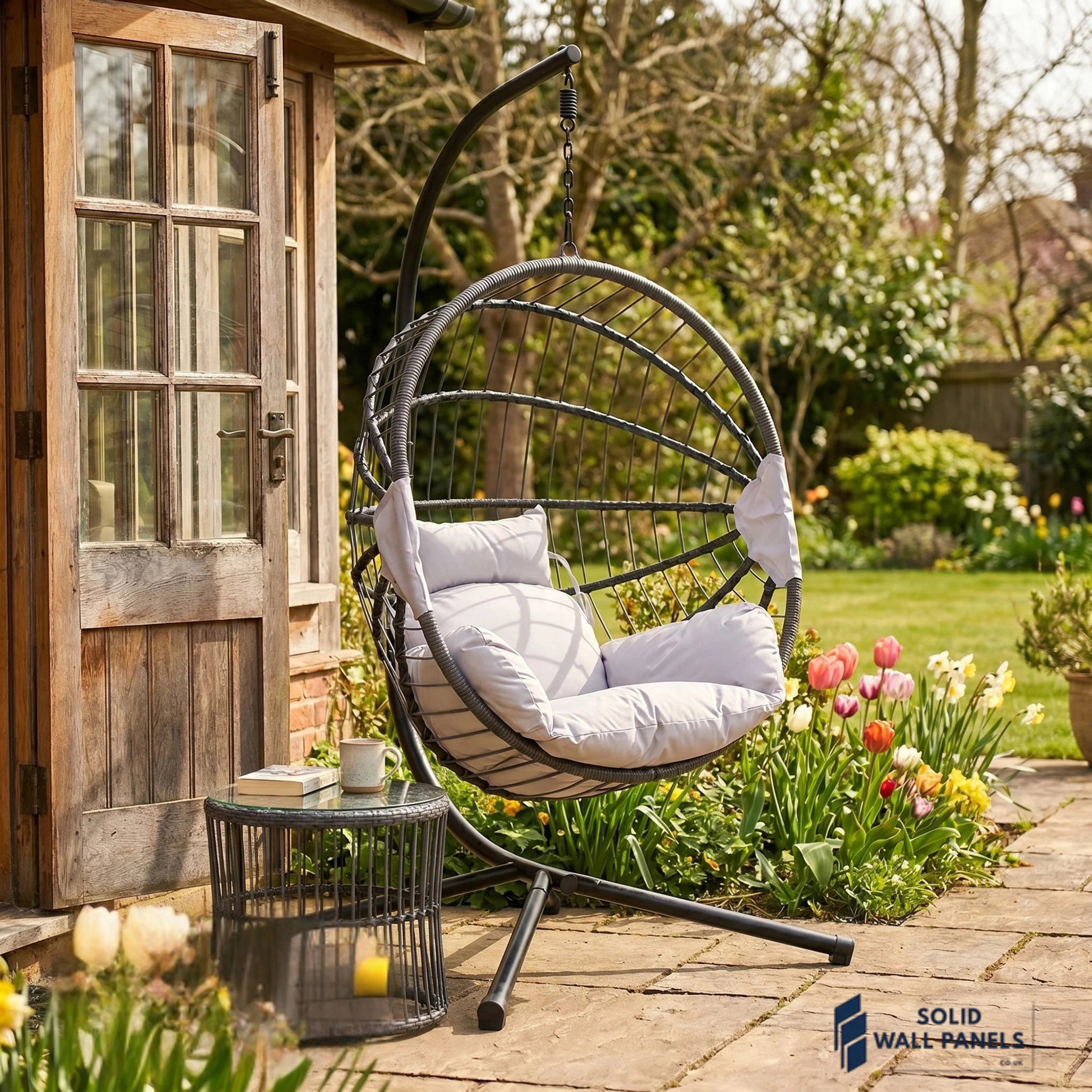 Hanging Egg Chair with Foldable Design & Luxury Cushions – Light Grey PE Rattan