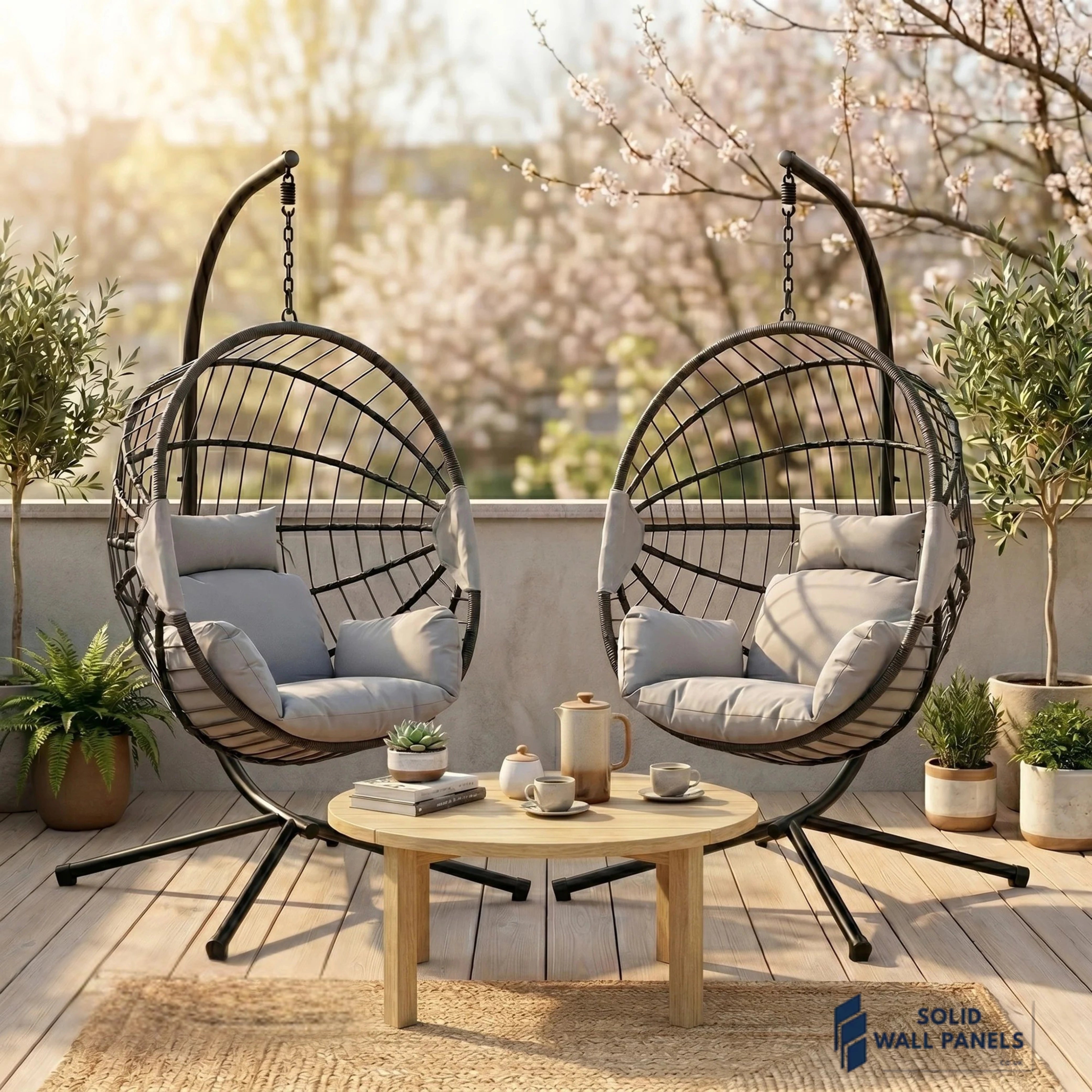 Hanging Egg Chair with Foldable Design & Luxury Cushions – Light Grey PE Rattan