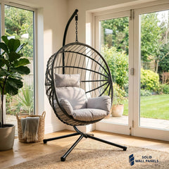 Hanging Egg Chair with Foldable Design & Luxury Cushions – Light Grey PE Rattan