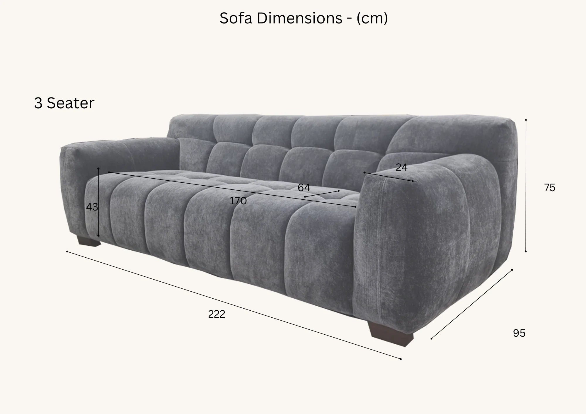 Harlem Sofa Range – Steel Velvet Fabric | 3 Seater, 2 Seater, Chair & Stool | Modern Luxury Design