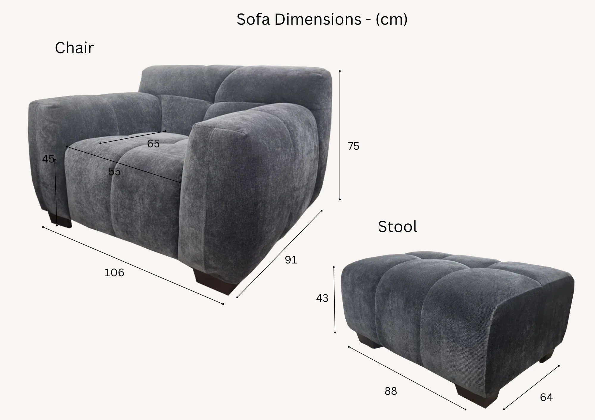 Harlem Sofa Range – Steel Velvet Fabric | 3 Seater, 2 Seater, Chair & Stool | Modern Luxury Design