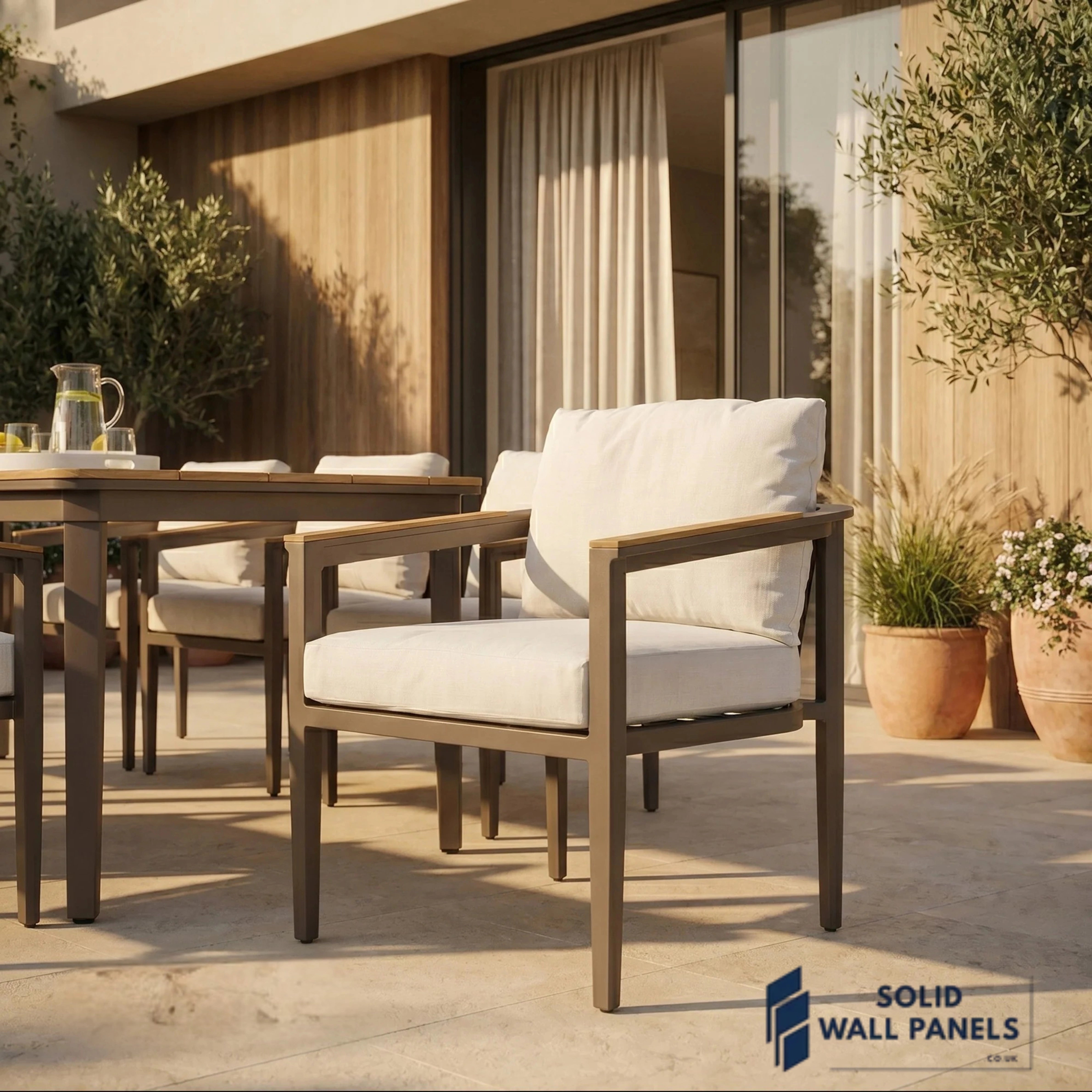 Hemera 6-Seater Luxury Dining Set – Truffle Aluminium Garden Dining Set with PS Wood Table