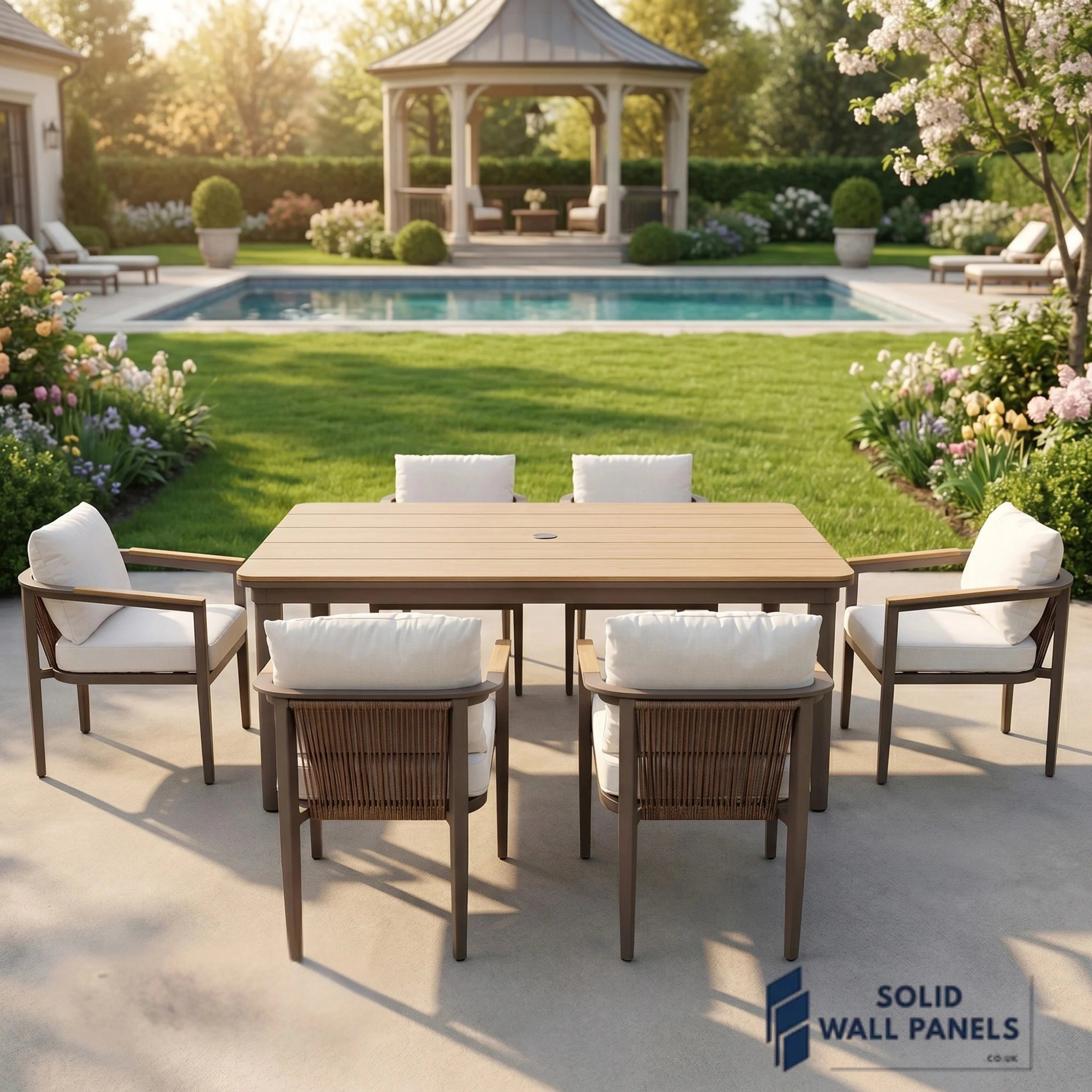 Hemera 6-Seater Luxury Dining Set – Truffle Aluminium Garden Dining Set with PS Wood Table