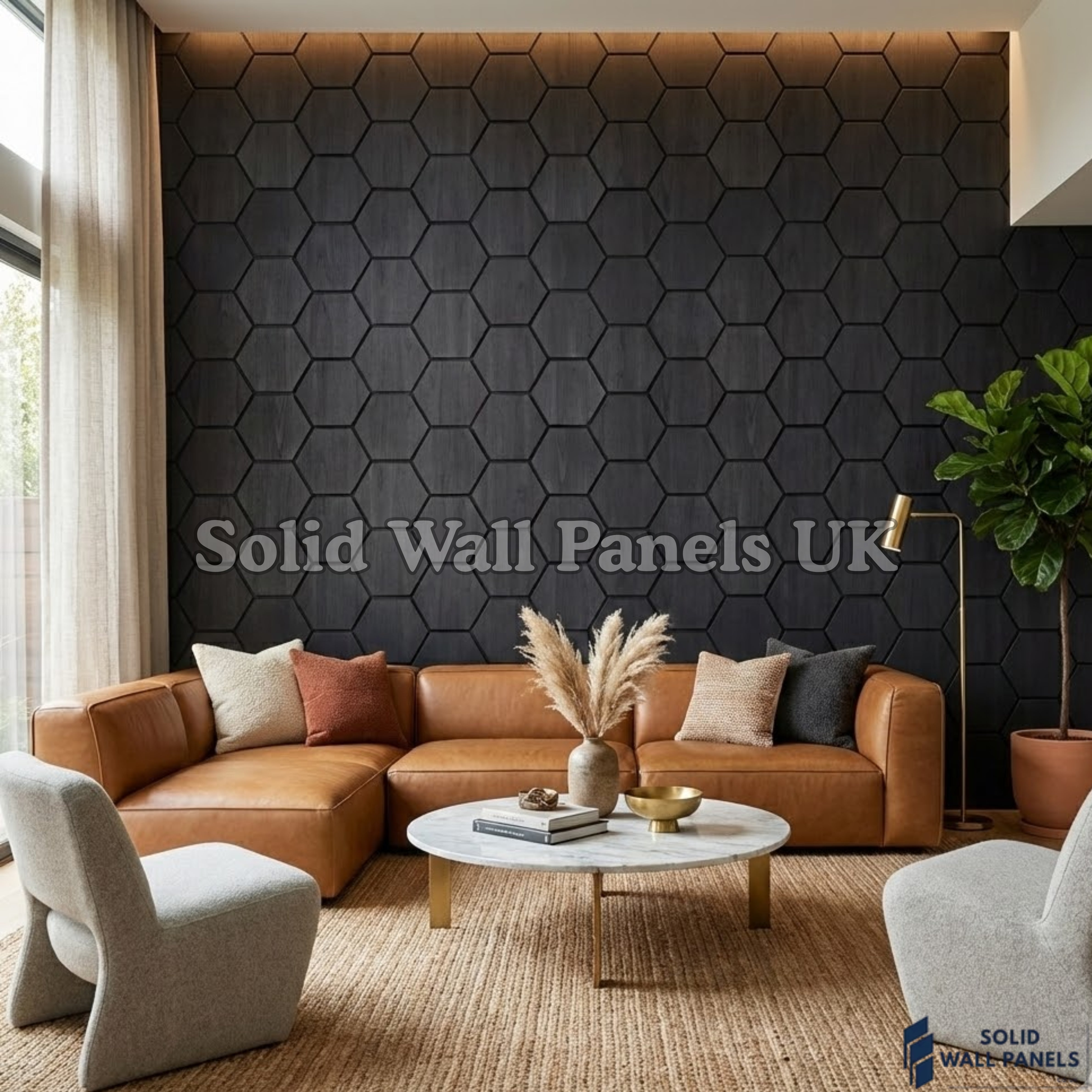 Hexagon Acoustic Wall Panels - Charcoal Black (Set of 4) | Soundproof Wood Panels | Solid Wall Panels UK