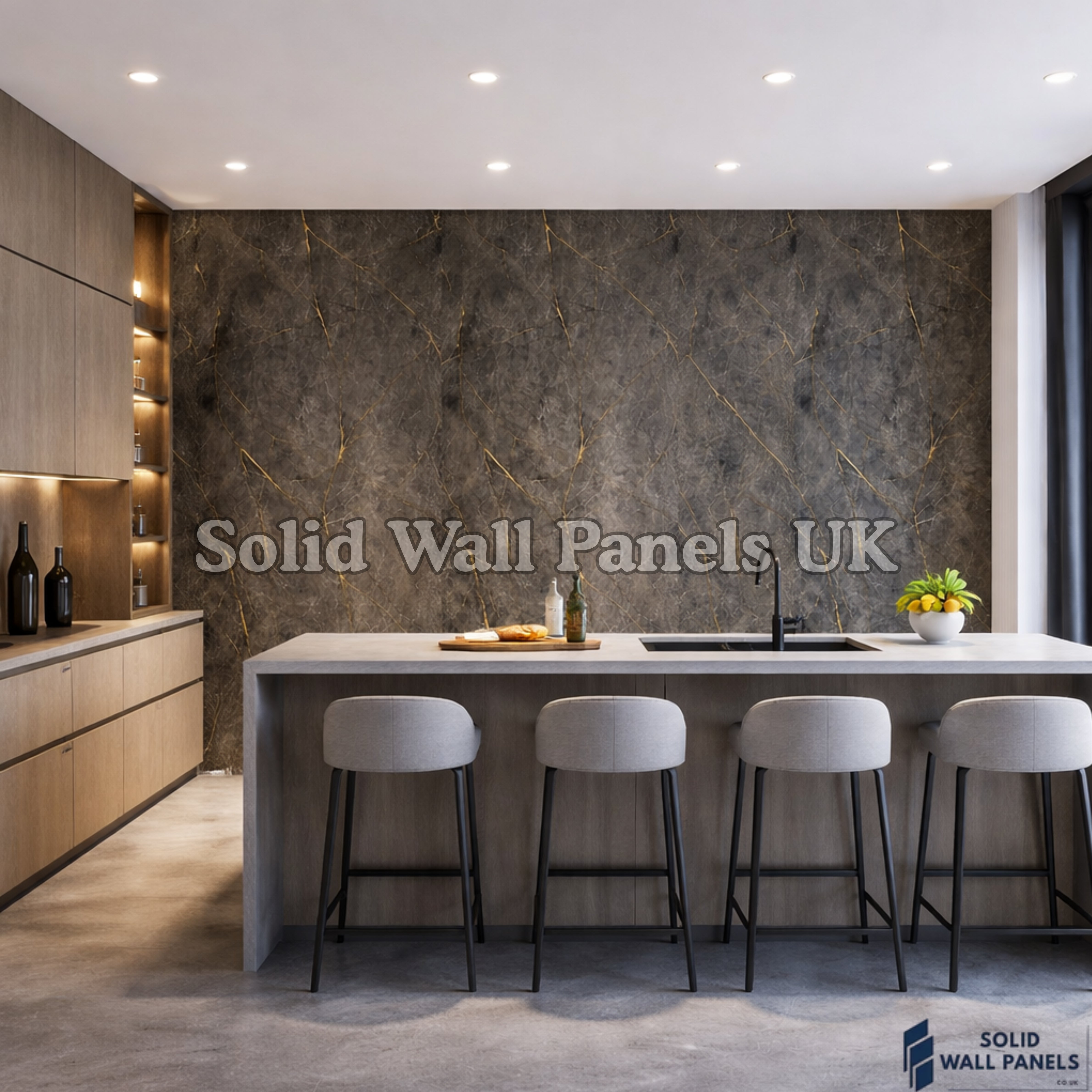 Kitchen & Bathroom PVC Wall Panels – Black & Gold Marble Effect (60 × 240 cm) | Solid Wall Panels UK