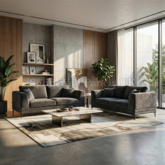Lenox Sofa – Steel Grey Velvet 3 Seater & 2 Seater Sofa Set | Mid Century Modern Design