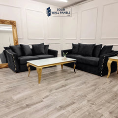 Lincoln Crushed Velvet 3 & 2 Seater Sofa With Scatter Back Cushions – Ebony Black