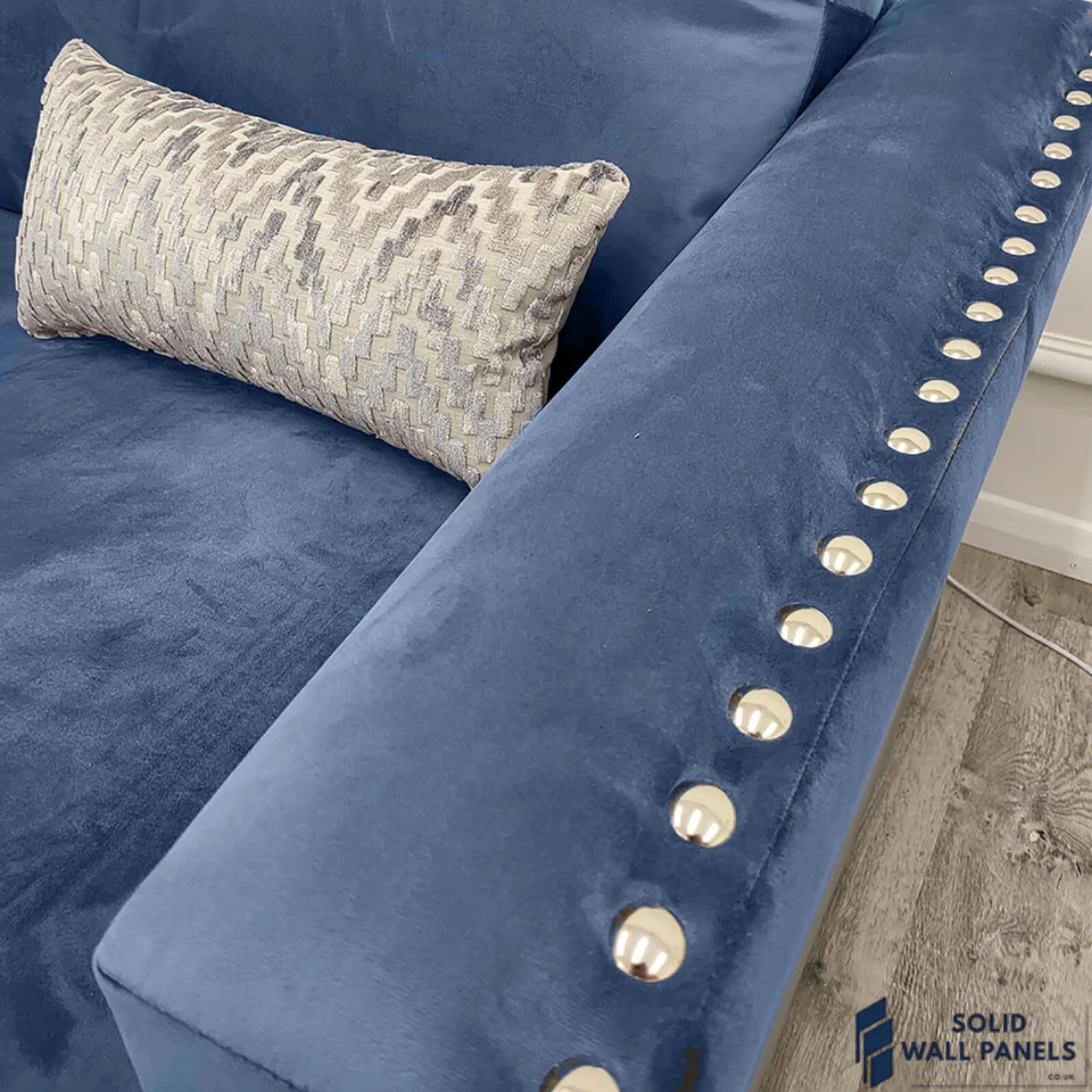 Lincoln Velvet 4 Seater Corner Sofa – Plush Marine Blue | Chrome Stud Detail