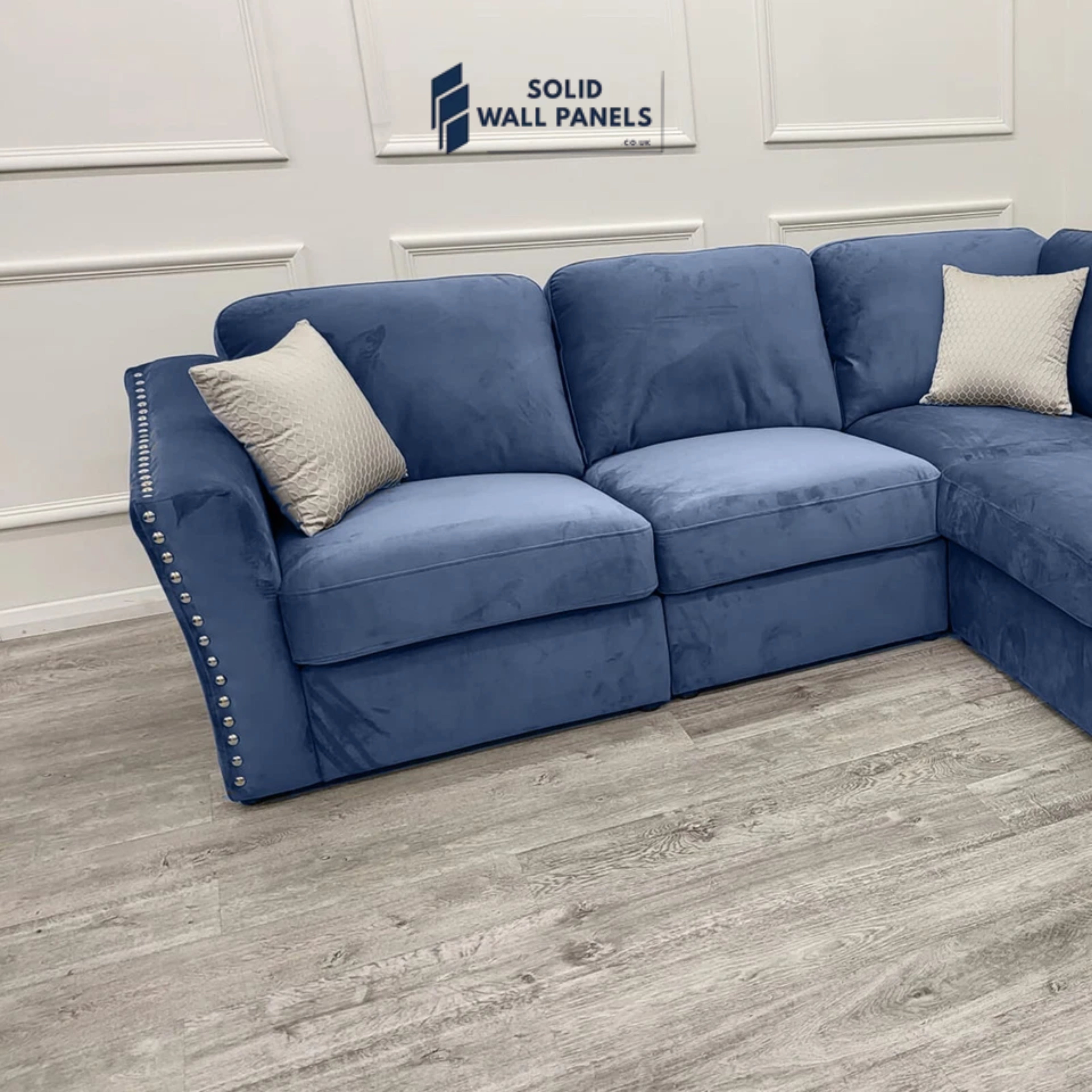 Lincoln Velvet 4 Seater Corner Sofa – Plush Marine Blue | Chrome Stud Detail