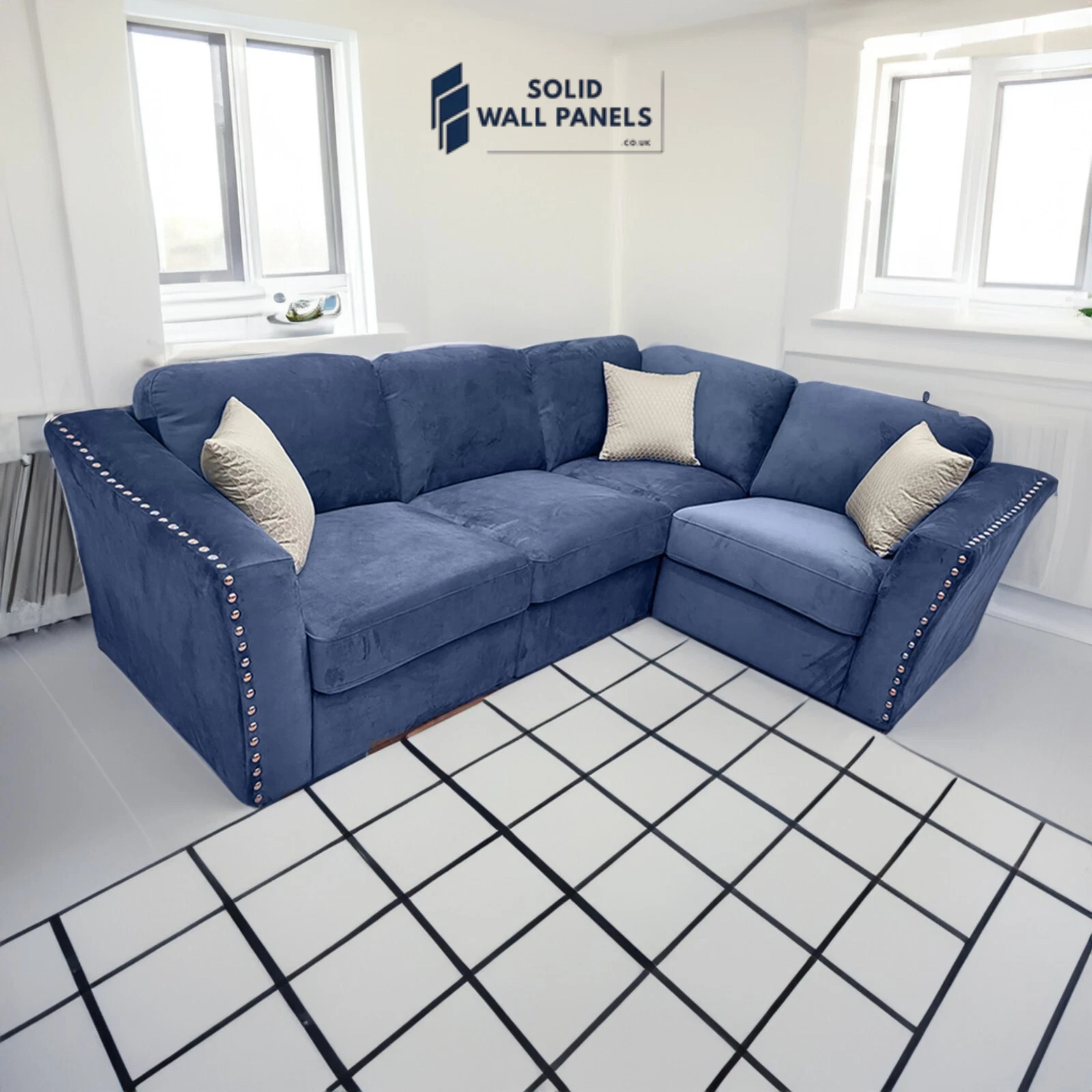 Lincoln Velvet 4 Seater Corner Sofa – Plush Marine Blue | Chrome Stud Detail