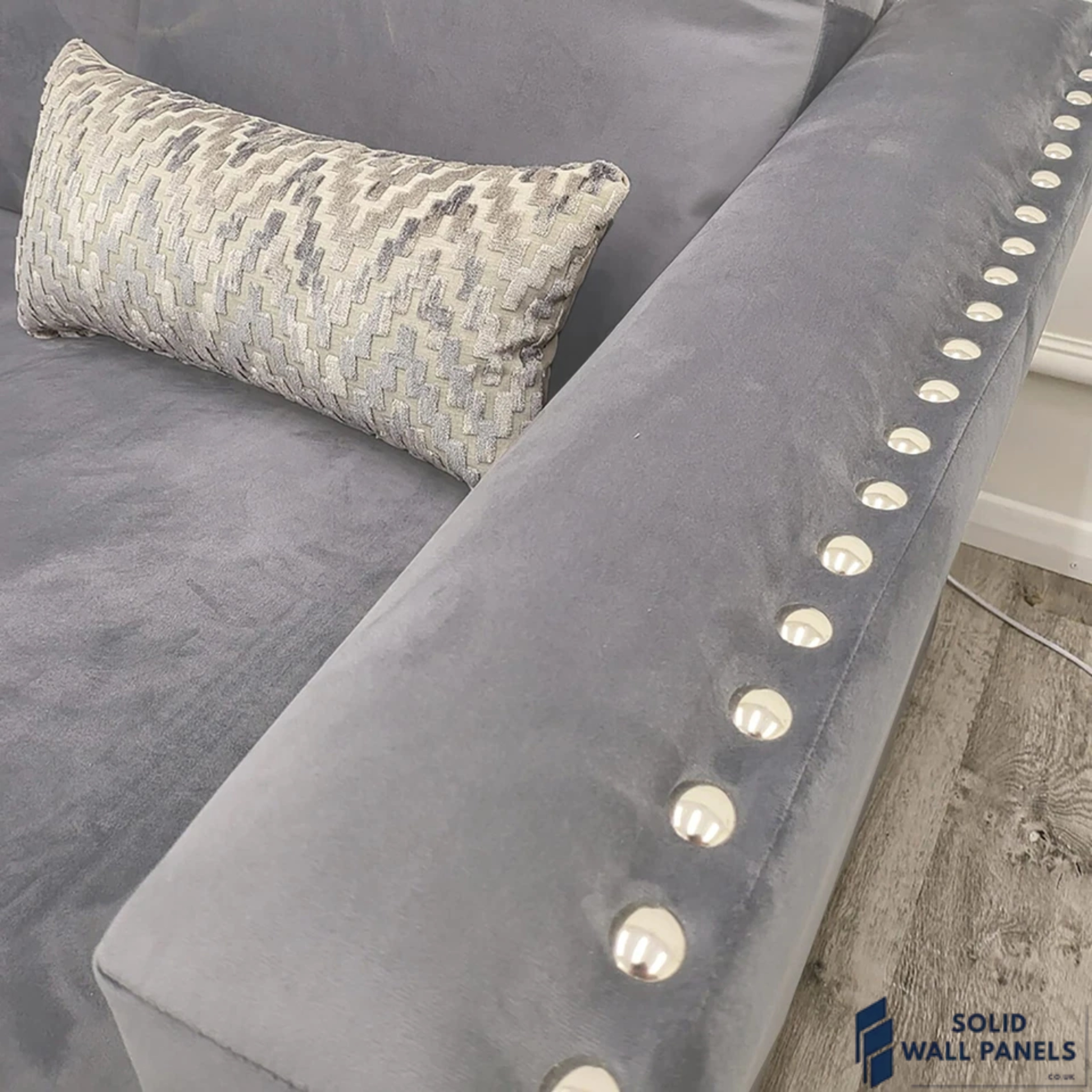 Lincoln Velvet 4 Seater Corner Sofa – Plush Silver | Chrome Stud Detail