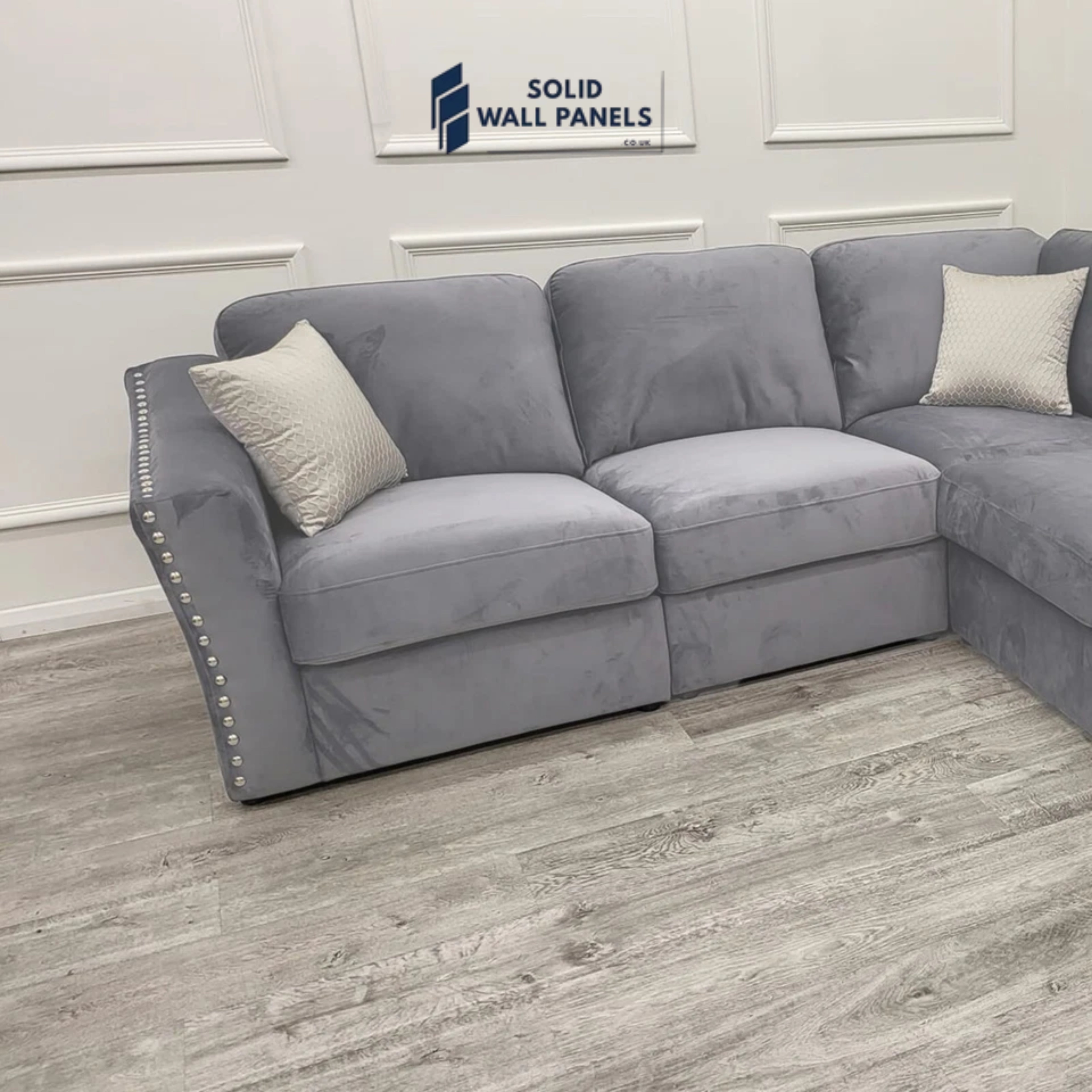 Lincoln Velvet 4 Seater Corner Sofa – Plush Silver | Chrome Stud Detail