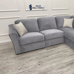 Lincoln Velvet 4 Seater Corner Sofa – Plush Silver | Chrome Stud Detail