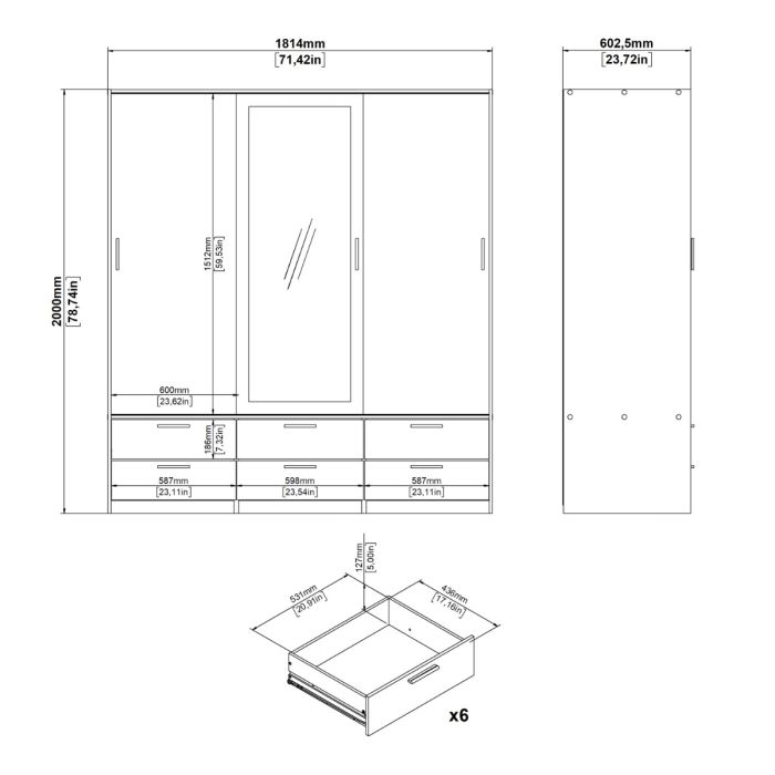 Dimensions Line White Wardrobe with 3 Doors 6 Drawers