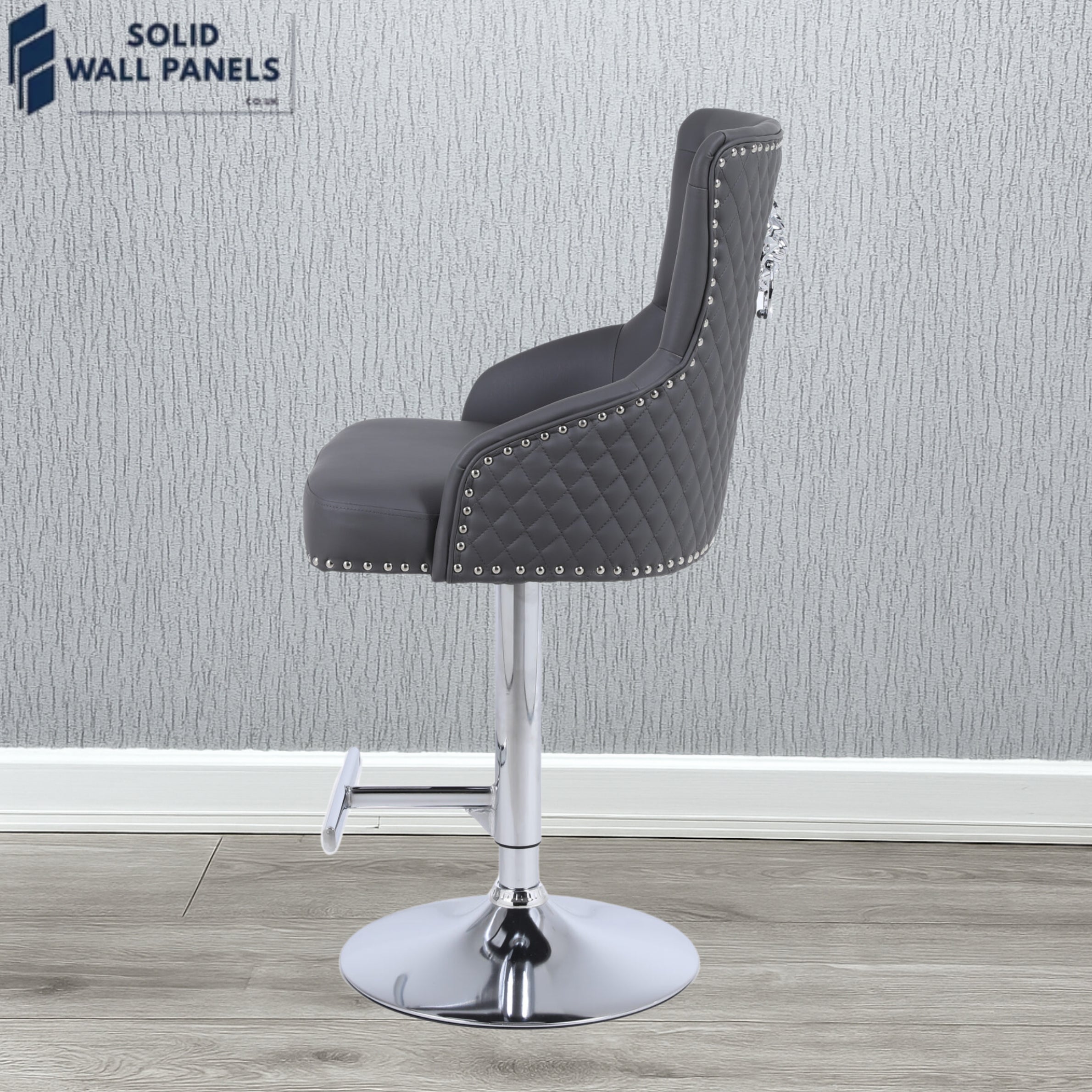 Majestic Hudson Grey PU Leather Breakfast Bar Stool with Chrome Lion Knocker | Set of 2