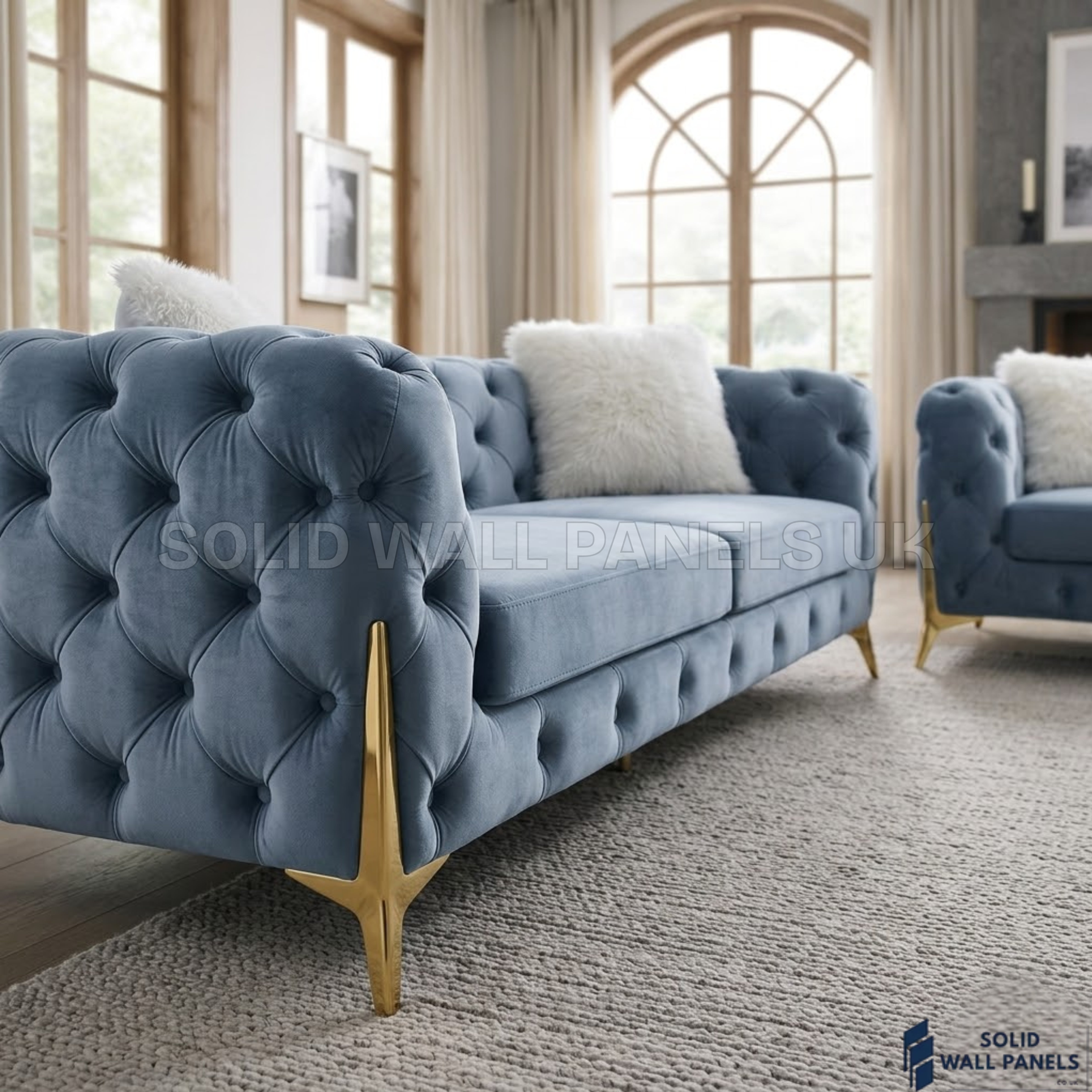 Paris Grey Shimmer Sofa Set – 3+2+1 Chesterfield Velvet | Modern Gold Leg Design