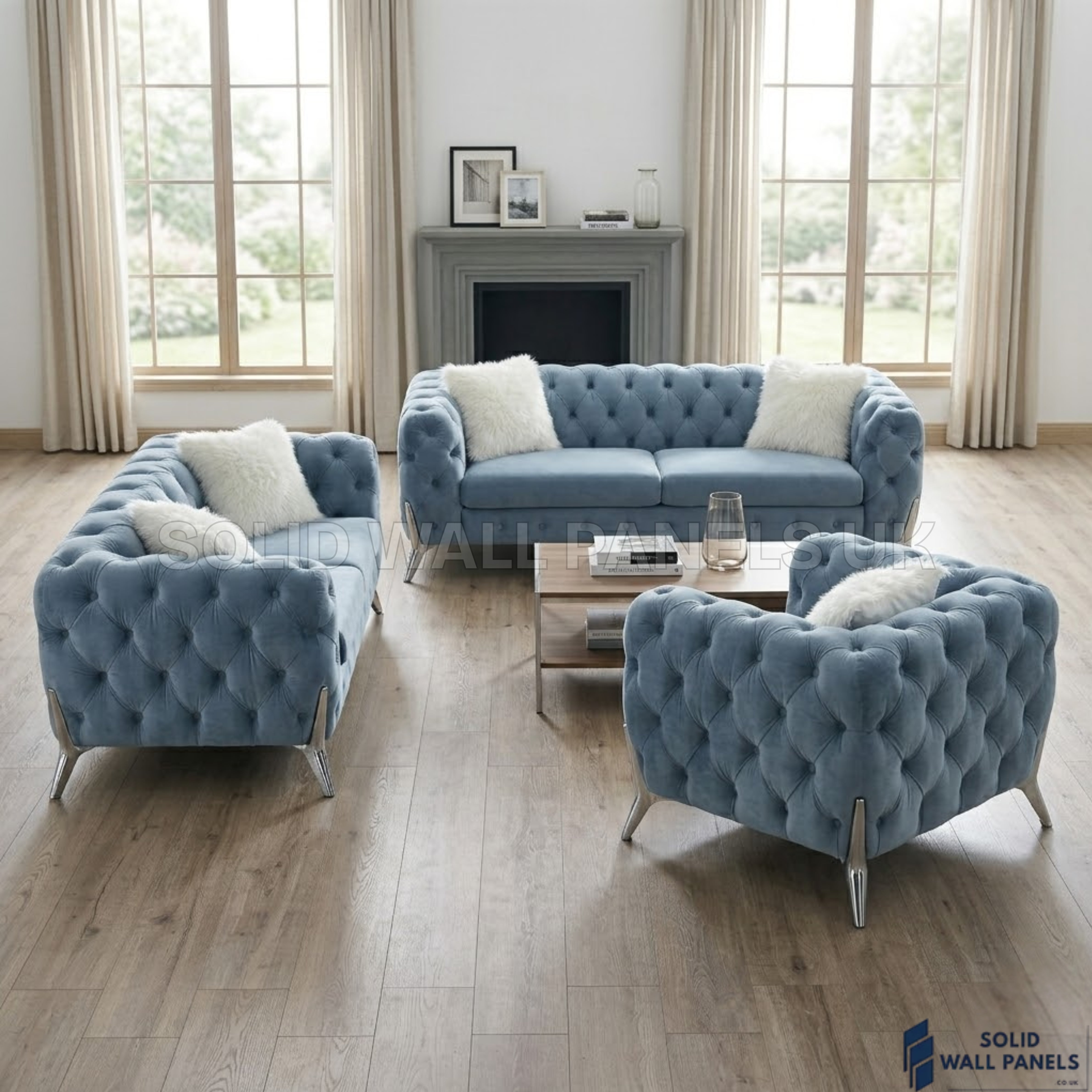 Paris Grey Shimmer Sofa Set – 3+2+1 Chesterfield Velvet Fabric | Chrome Leg Modern Design